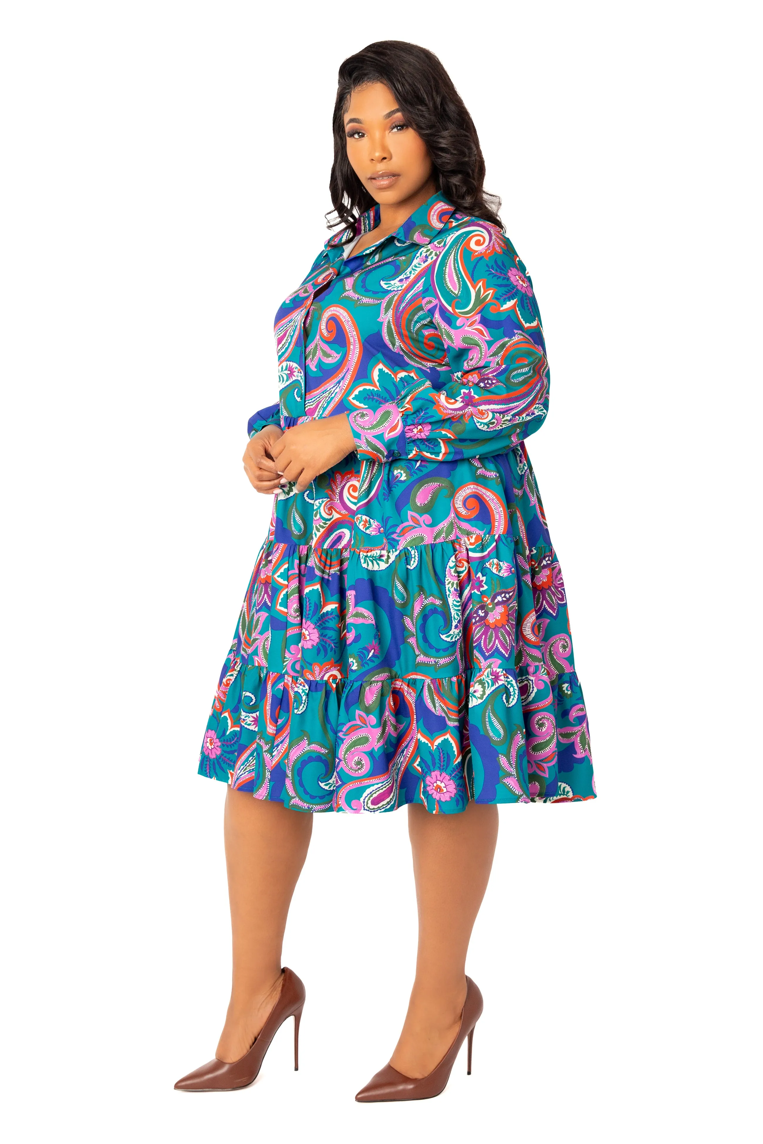 Floral Long Sleeve Tiered Shirt Dress sold by Buxom Couture product image thumbnail 3