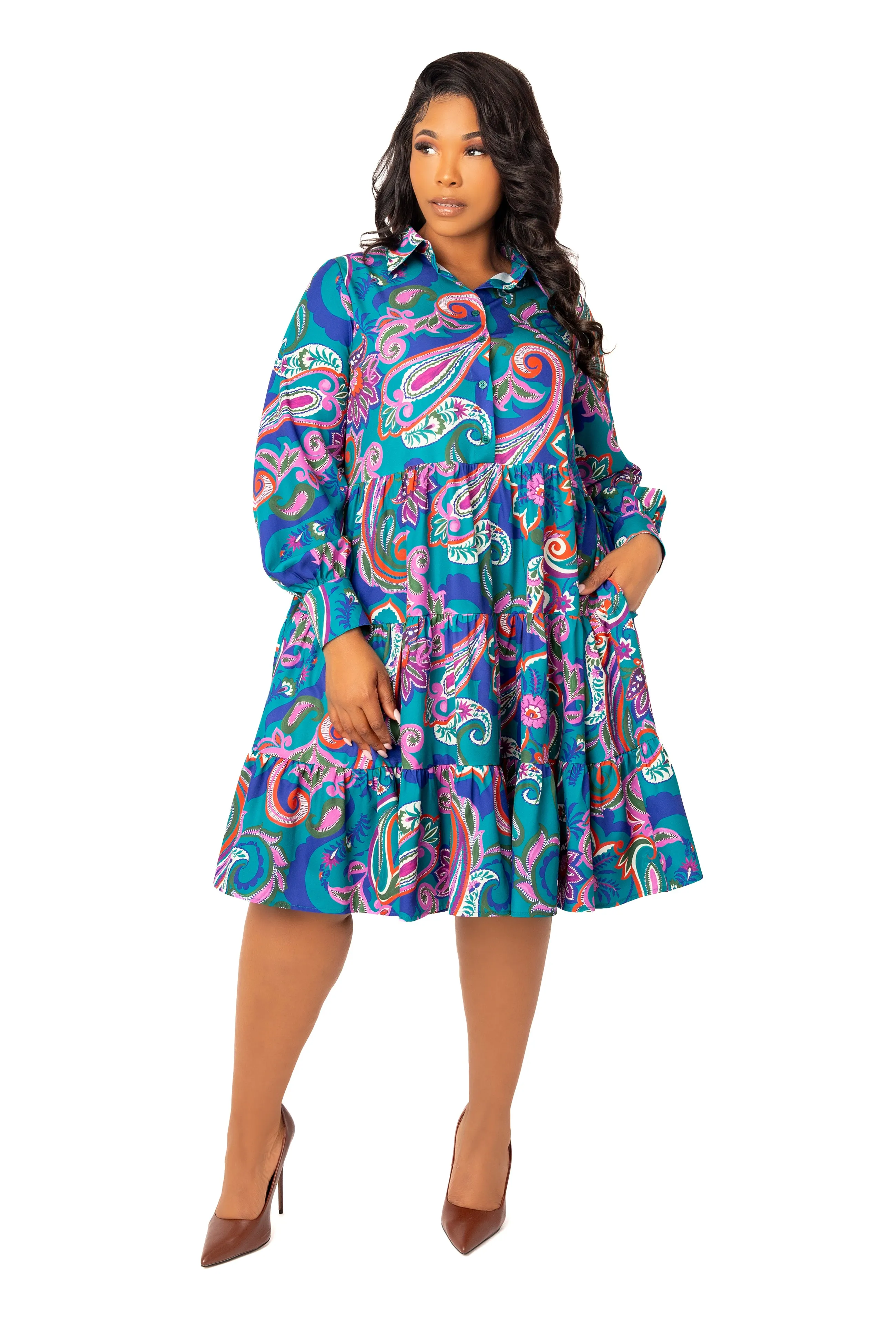 Floral Long Sleeve Tiered Shirt Dress sold by Buxom Couture product image thumbnail 5