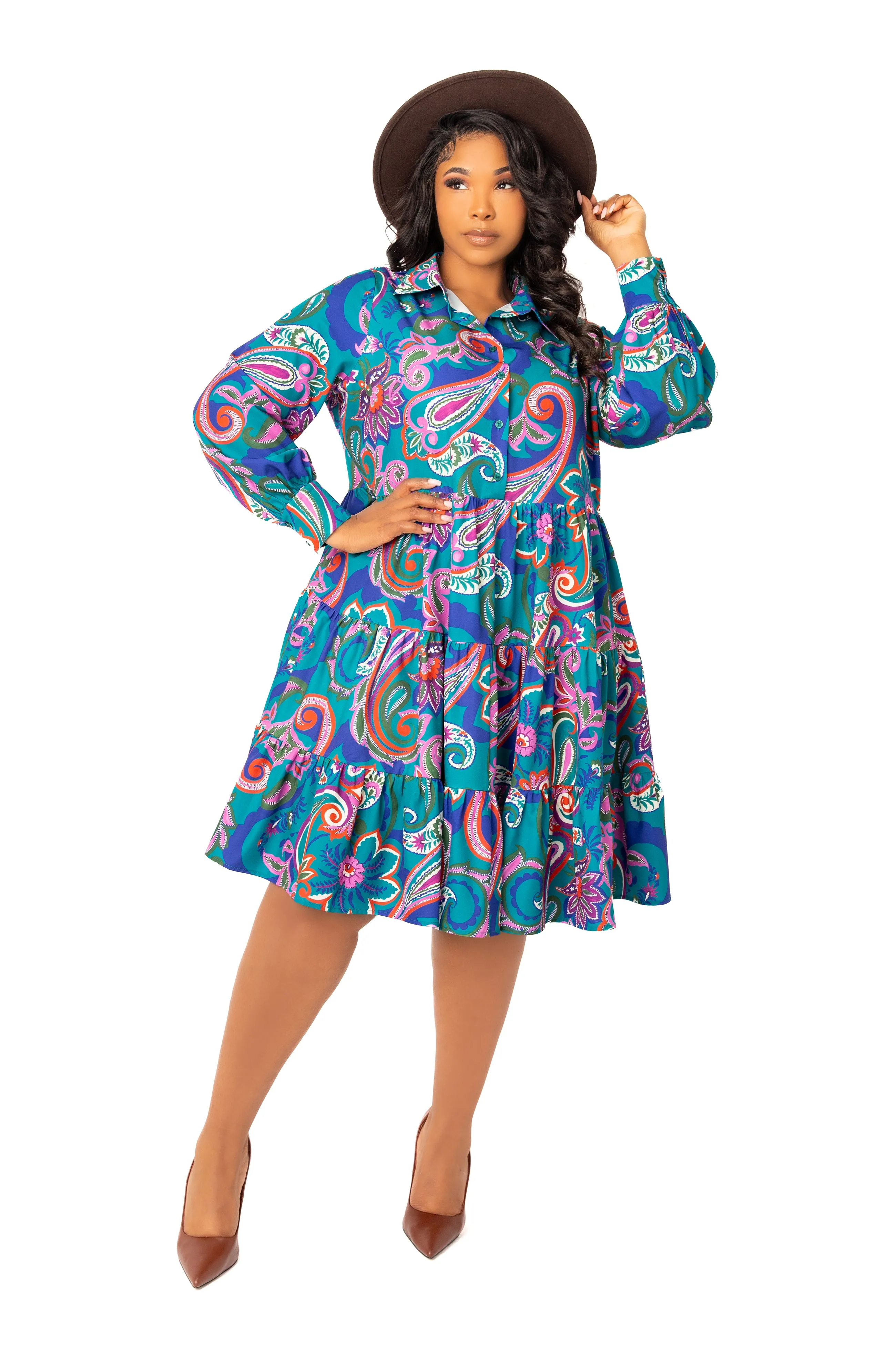 Floral Long Sleeve Tiered Shirt Dress sold by Buxom Couture