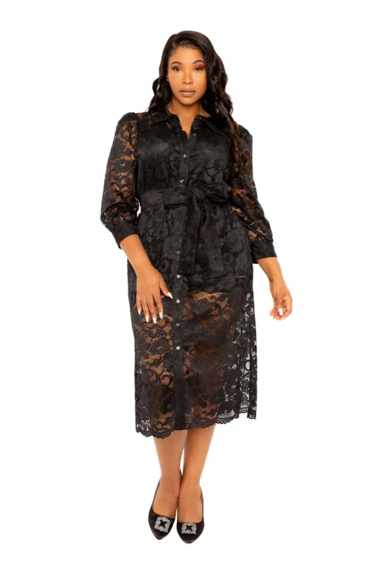 Lace Shirt Dress with Waist Tie sold by Buxom Couture