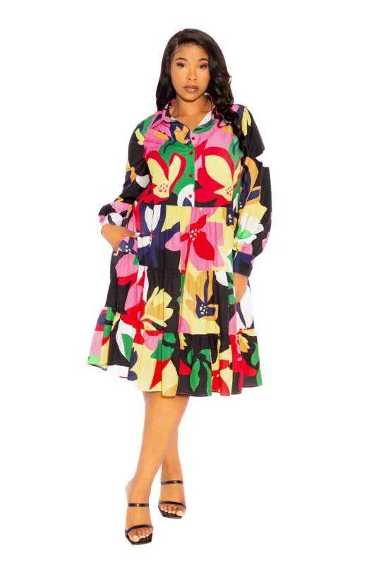 Floral Long Sleeve Tiered Shirt Dress sold by Buxom Couture