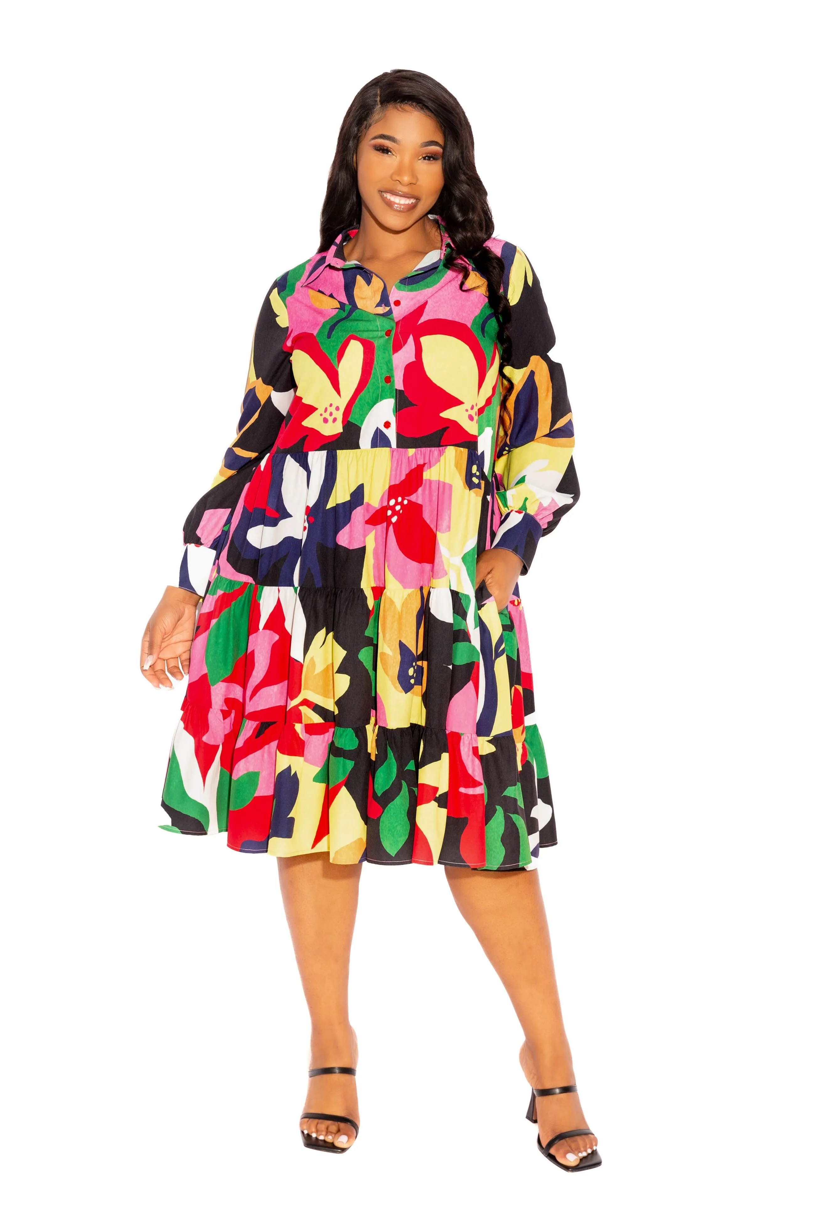 Floral Long Sleeve Tiered Shirt Dress sold by Buxom Couture product image thumbnail 5