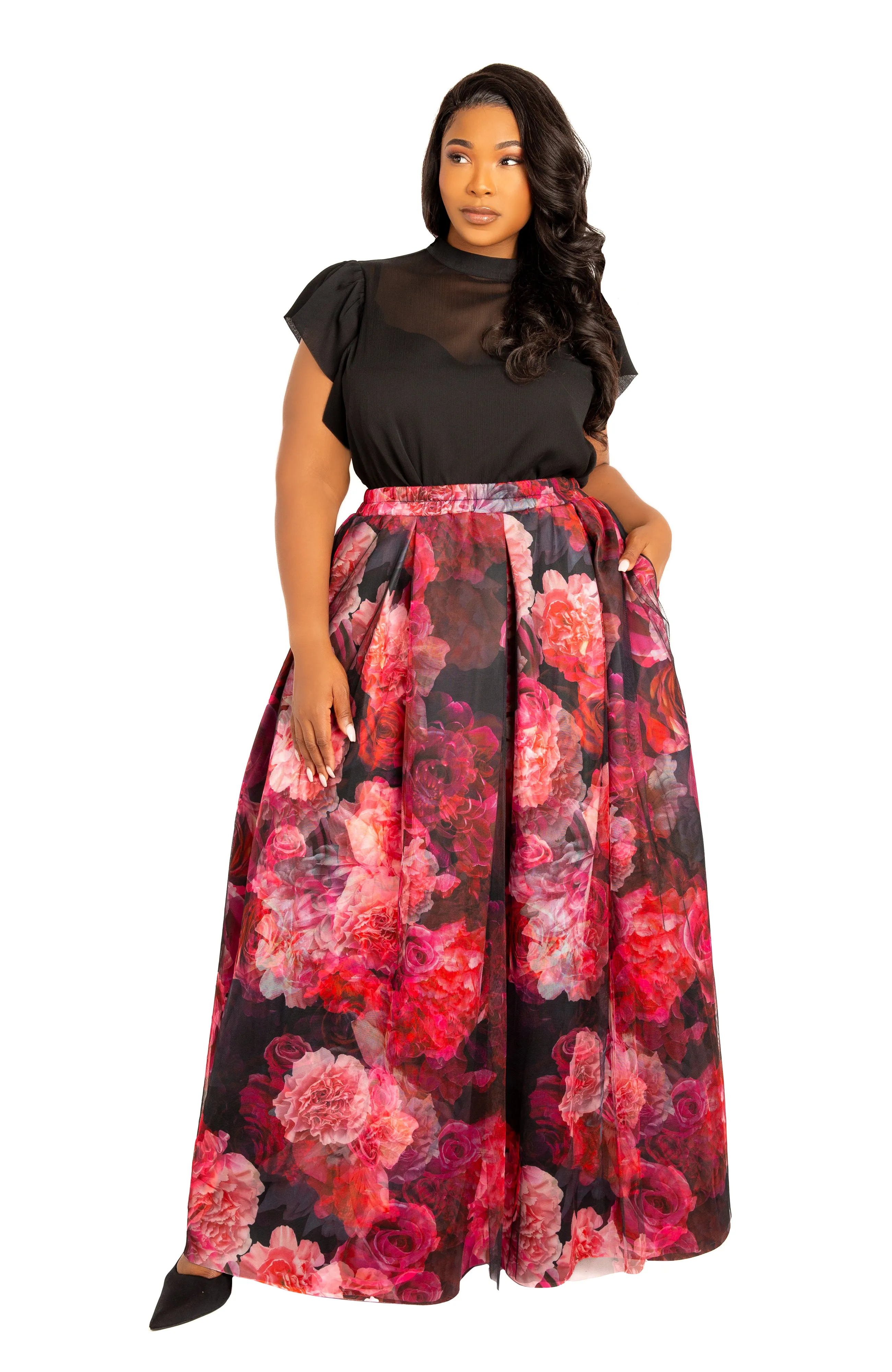 Floral Scuba Organza Maxi Skirt sold by Buxom Couture