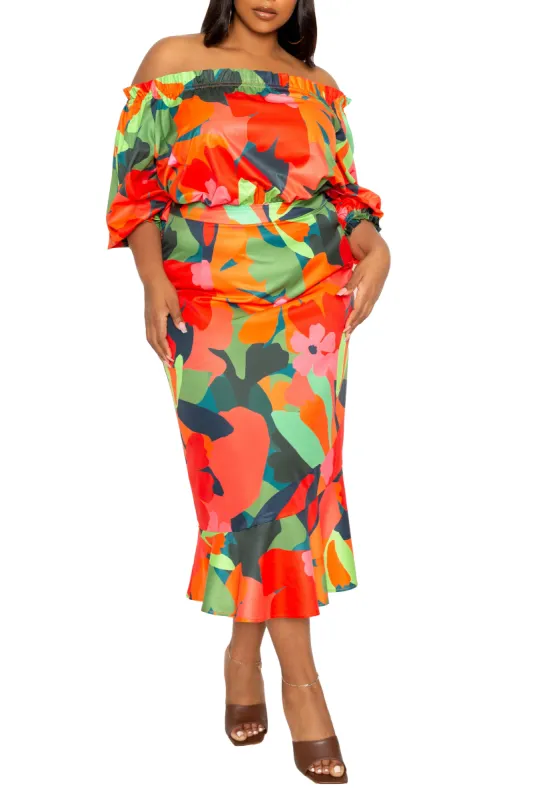 Floral Off Shoulder Dress with Ruffle Hem sold by Buxom Couture