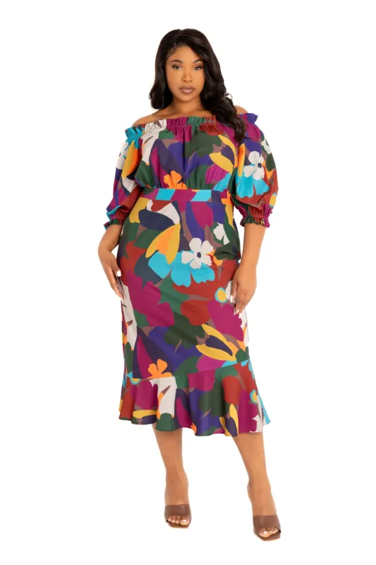Floral Off Shoulder Dress with Ruffle Hem sold by Buxom Couture