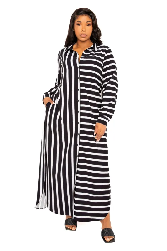 Mixed Stripe Maxi Shirt Dress sold by Buxom Couture