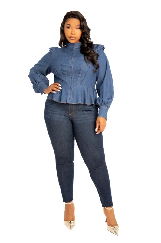 Long Sleeve Denim Peplum Blouse sold by Buxom Couture
