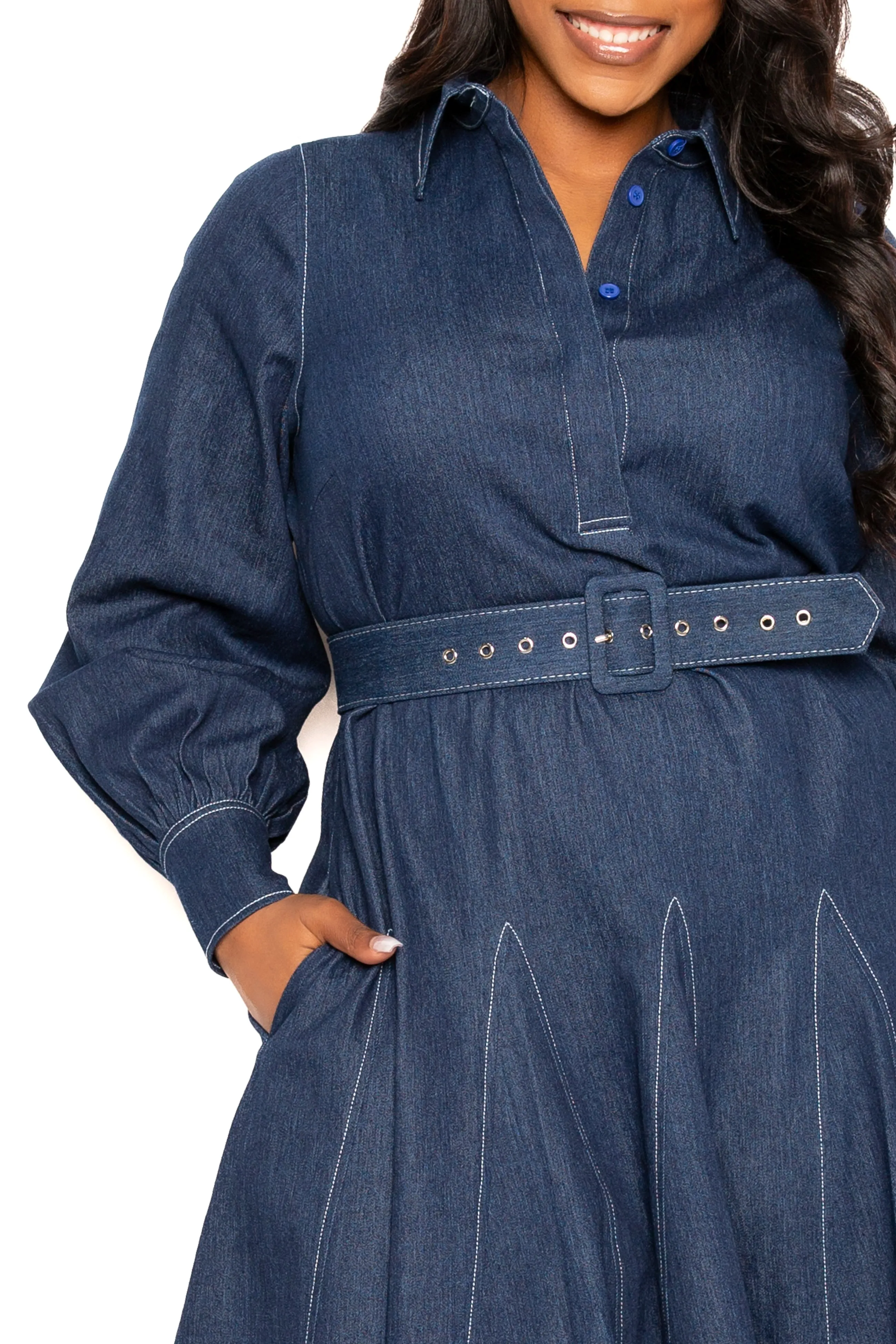 Belt Denim Shirt Dress with Contrast Stitching sold by Buxom Couture product image thumbnail 4