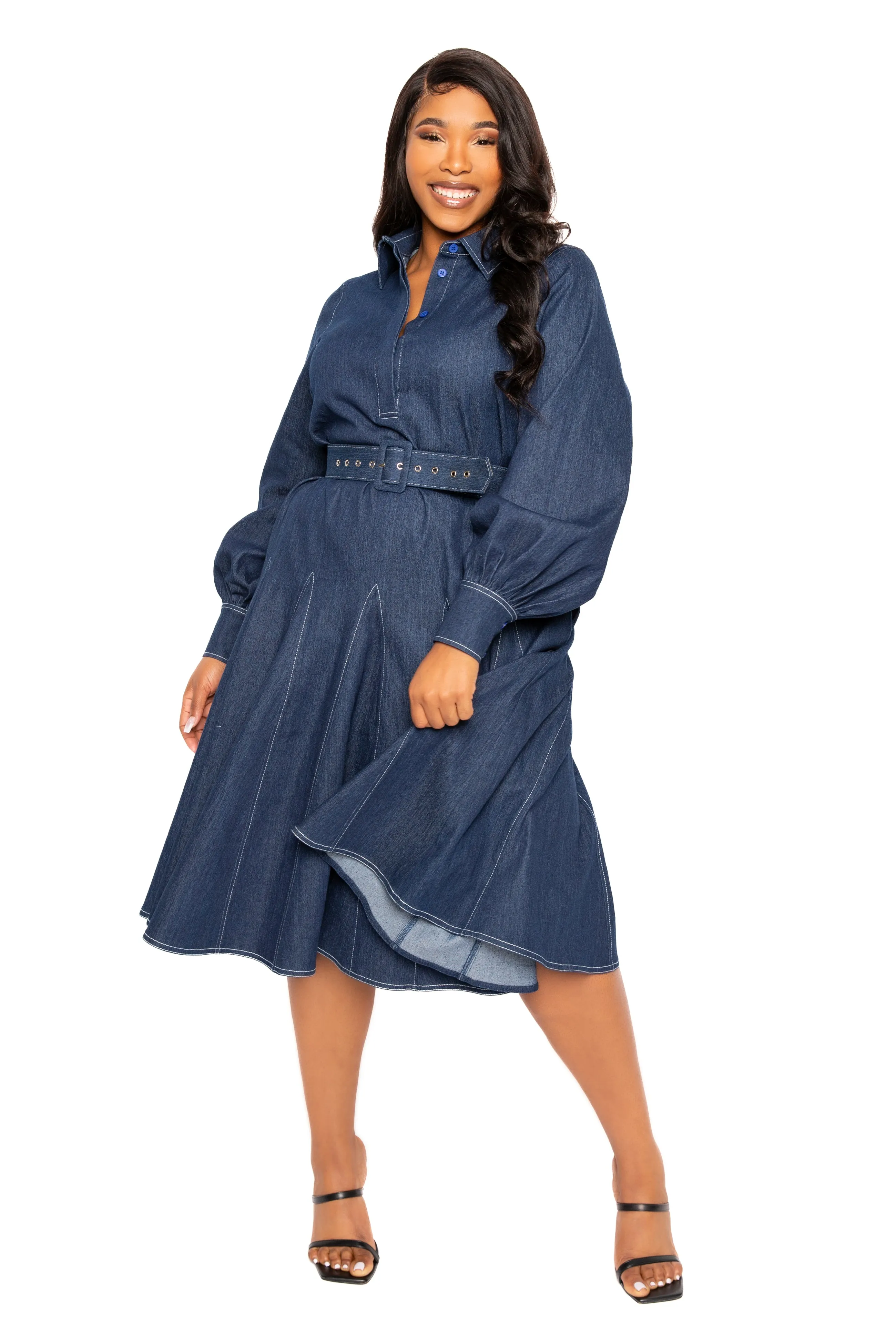 Belt Denim Shirt Dress with Contrast Stitching sold by Buxom Couture