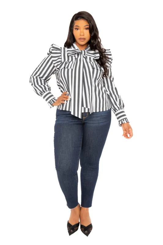 Bow Neck Ruffle Stripe Shirt sold by Buxom Couture