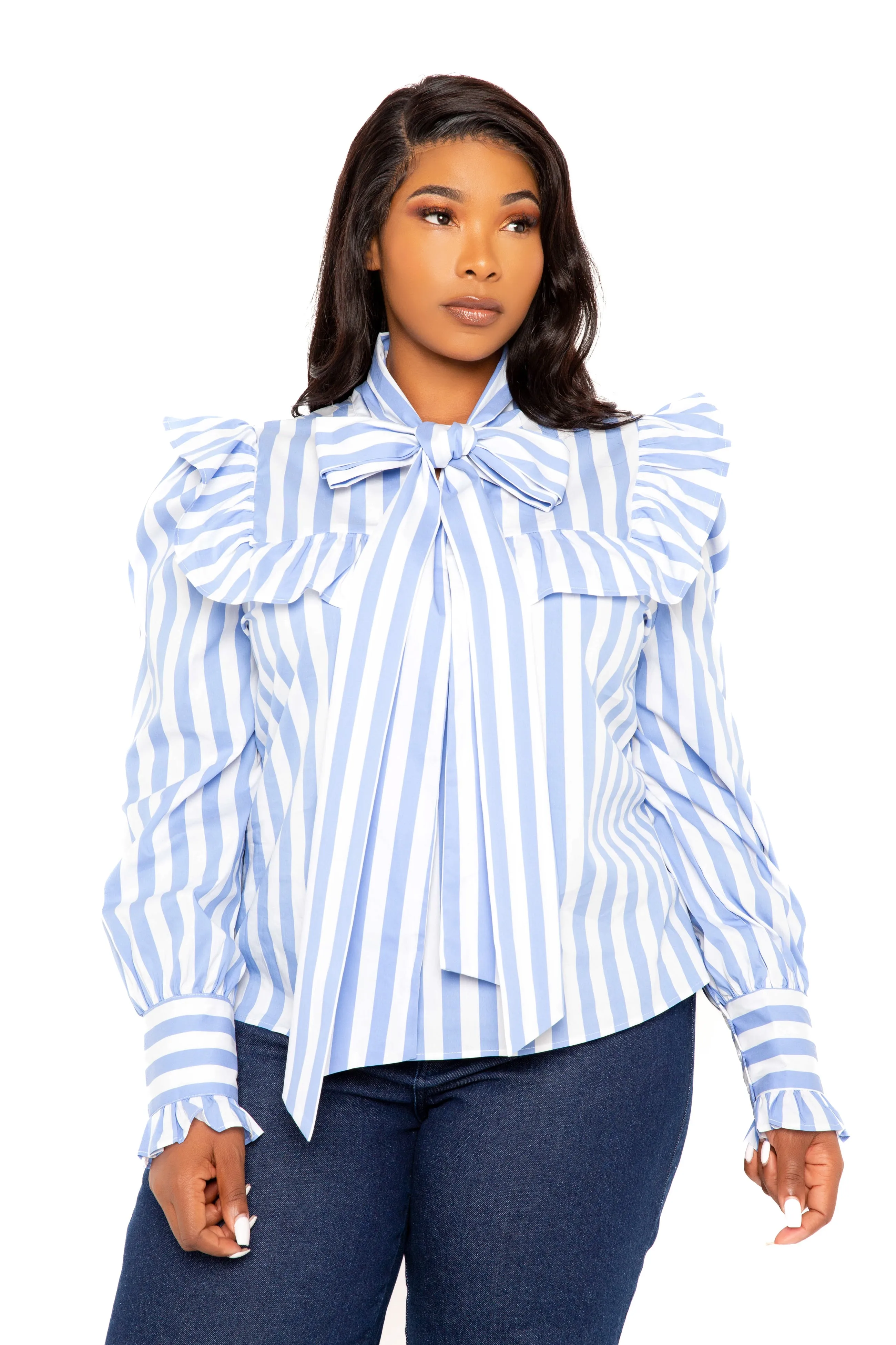 Bow Neck Ruffle Stripe Shirt sold by Buxom Couture product image thumbnail 2