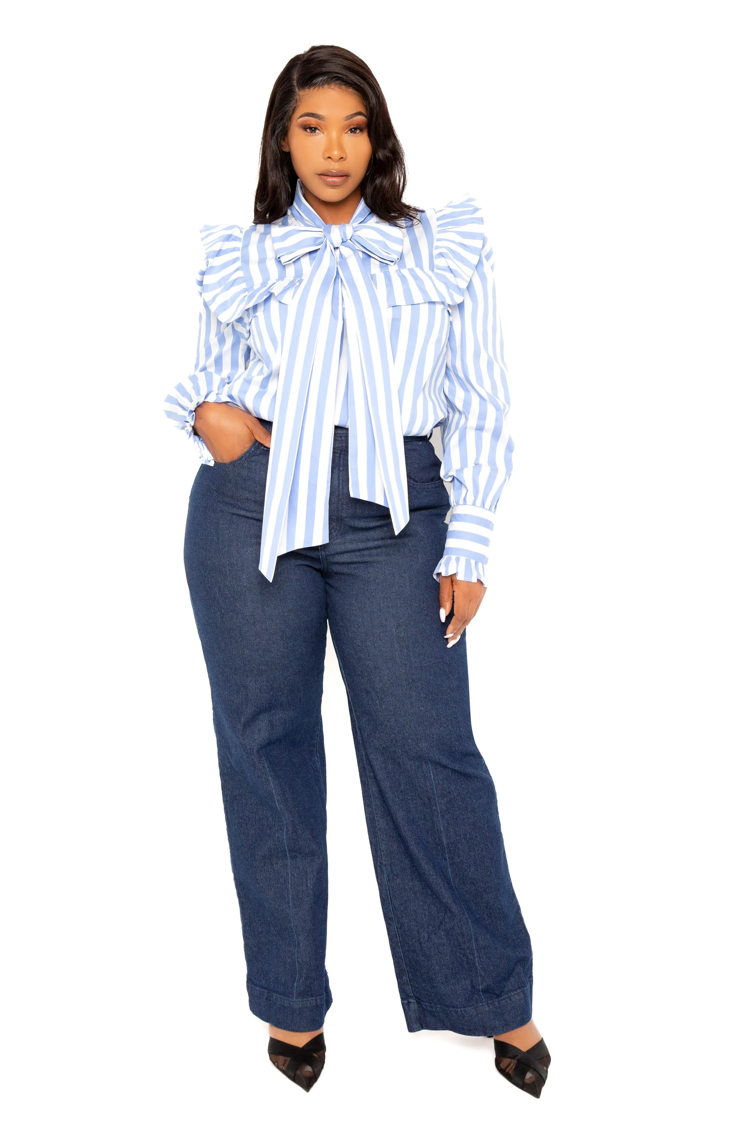 Bow Neck Ruffle Stripe Shirt sold by Buxom Couture