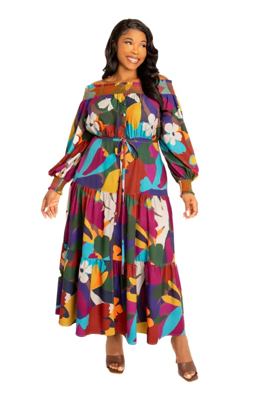Floral Smocked Off Shoulder Dress sold by Buxom Couture