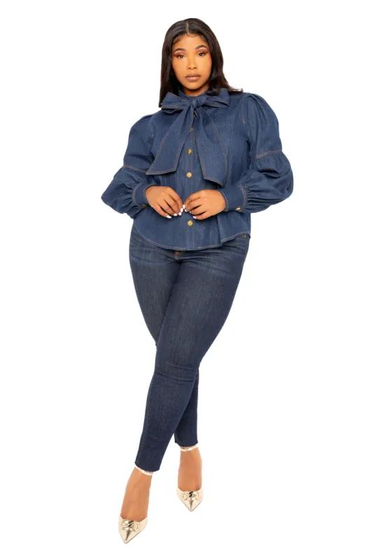 Bow Neck Puff Sleeve Denim Blouse made by Buxom Couture
