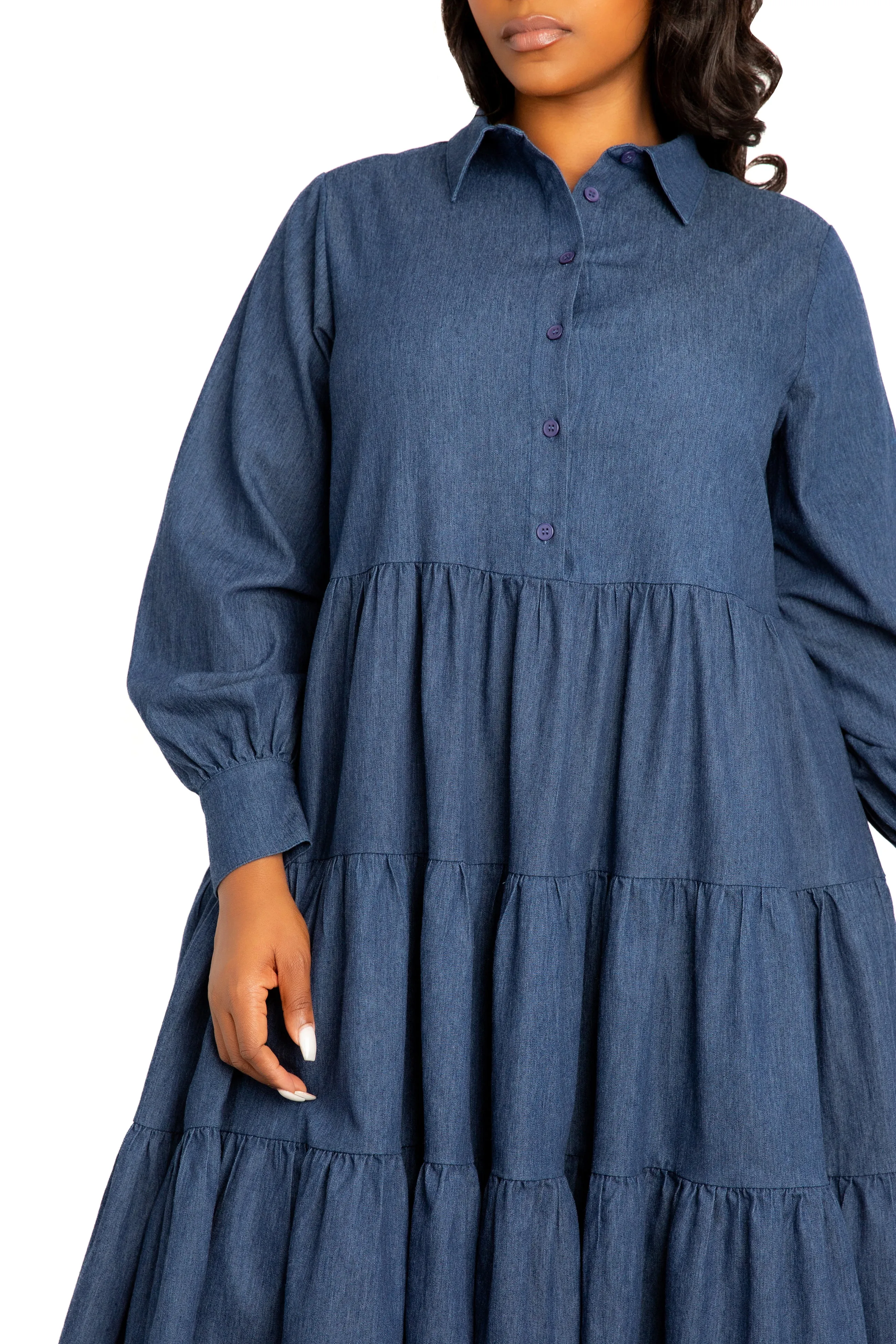 Denim Long Sleeve Tiered Shirt Dress sold by Buxom Couture product image thumbnail 4