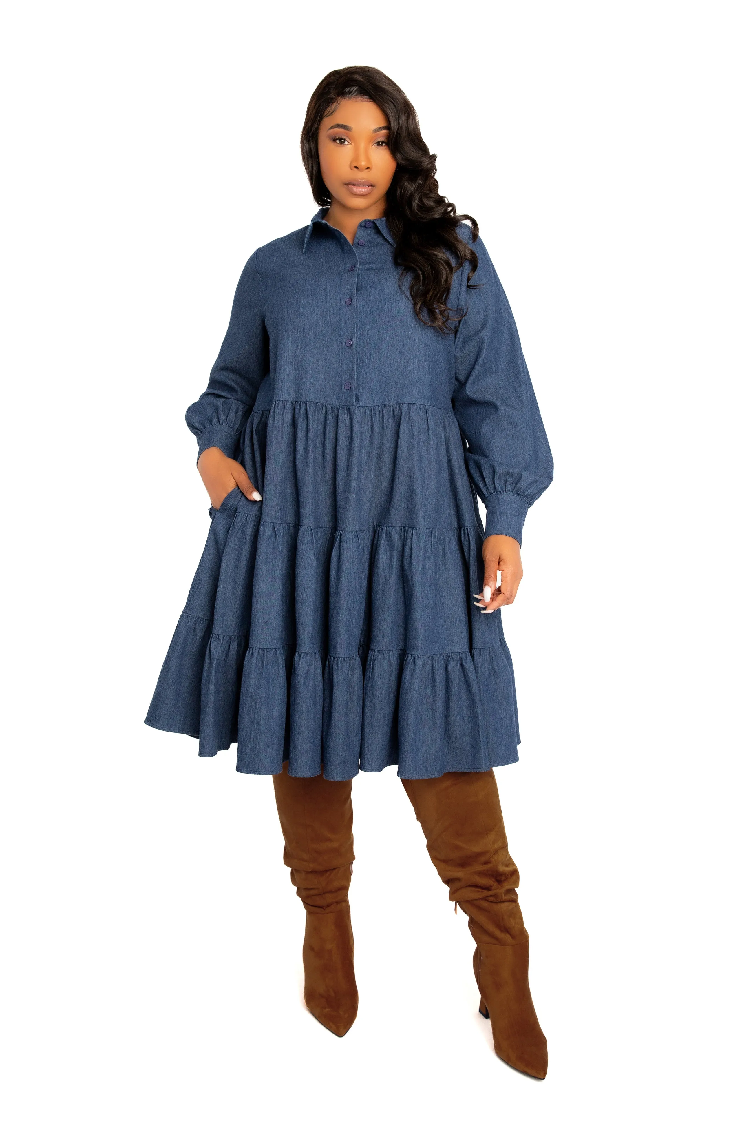 Denim Long Sleeve Tiered Shirt Dress sold by Buxom Couture product image thumbnail 5