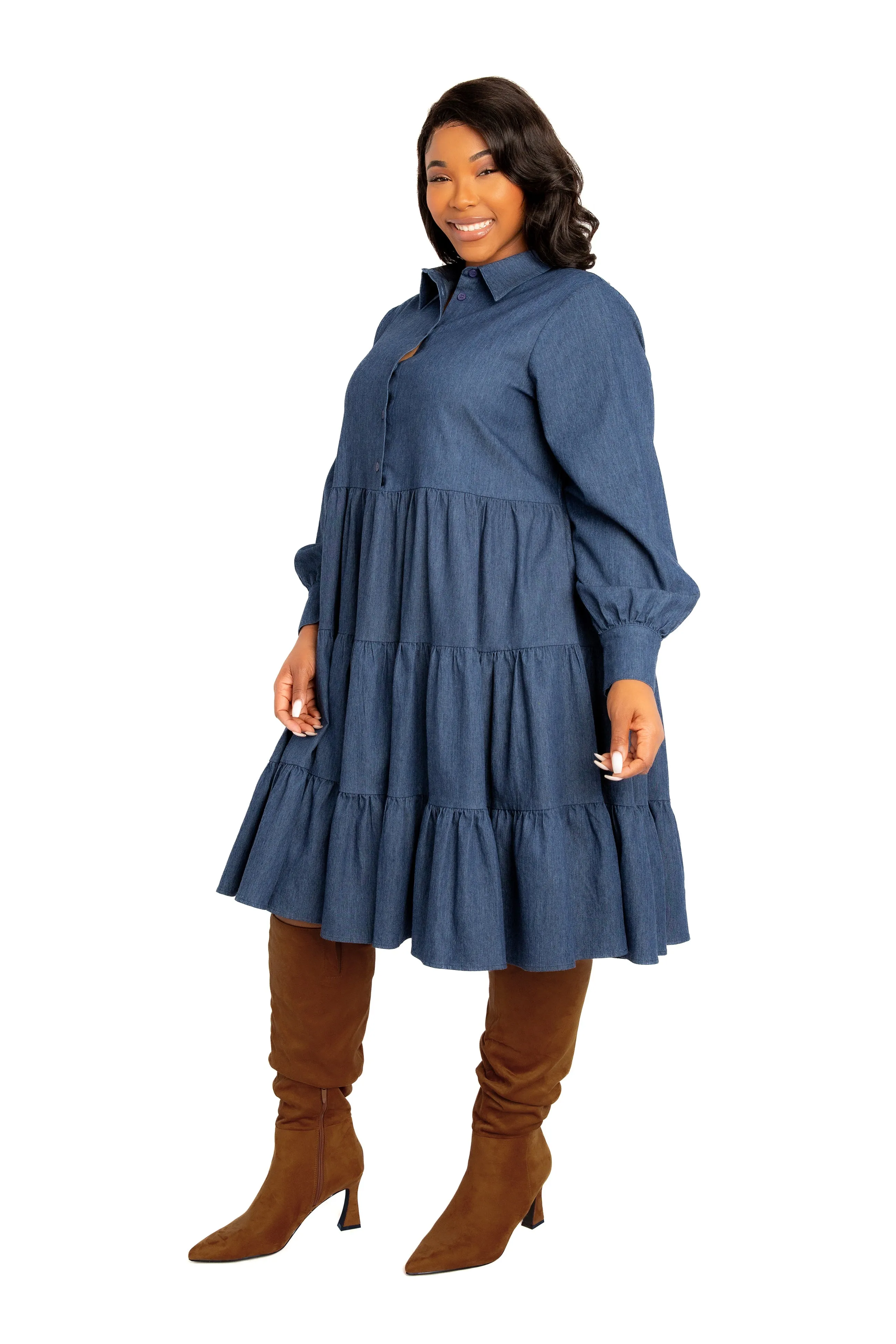 Denim Long Sleeve Tiered Shirt Dress sold by Buxom Couture product image thumbnail 3