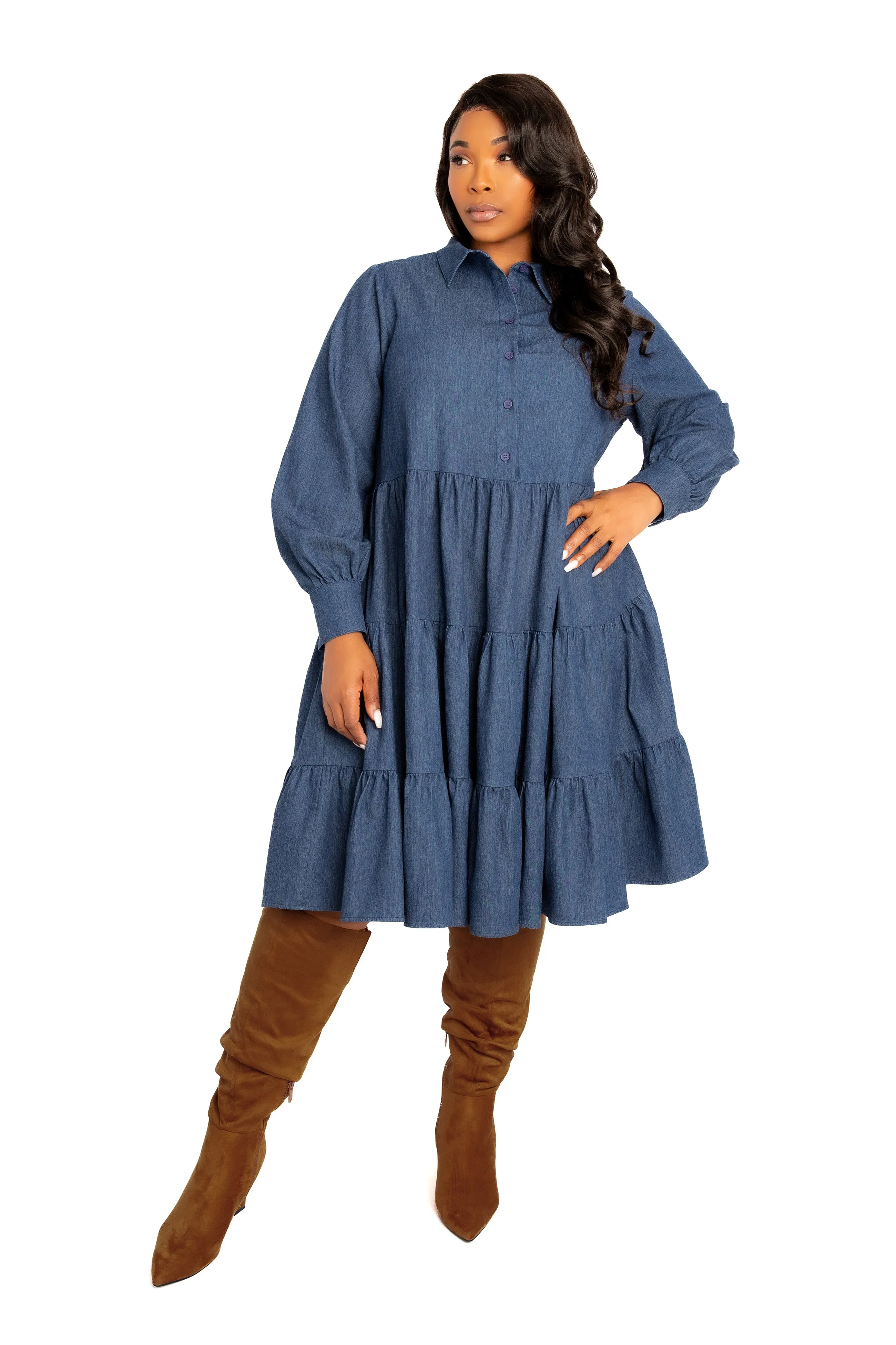Denim Long Sleeve Tiered Shirt Dress sold by Buxom Couture