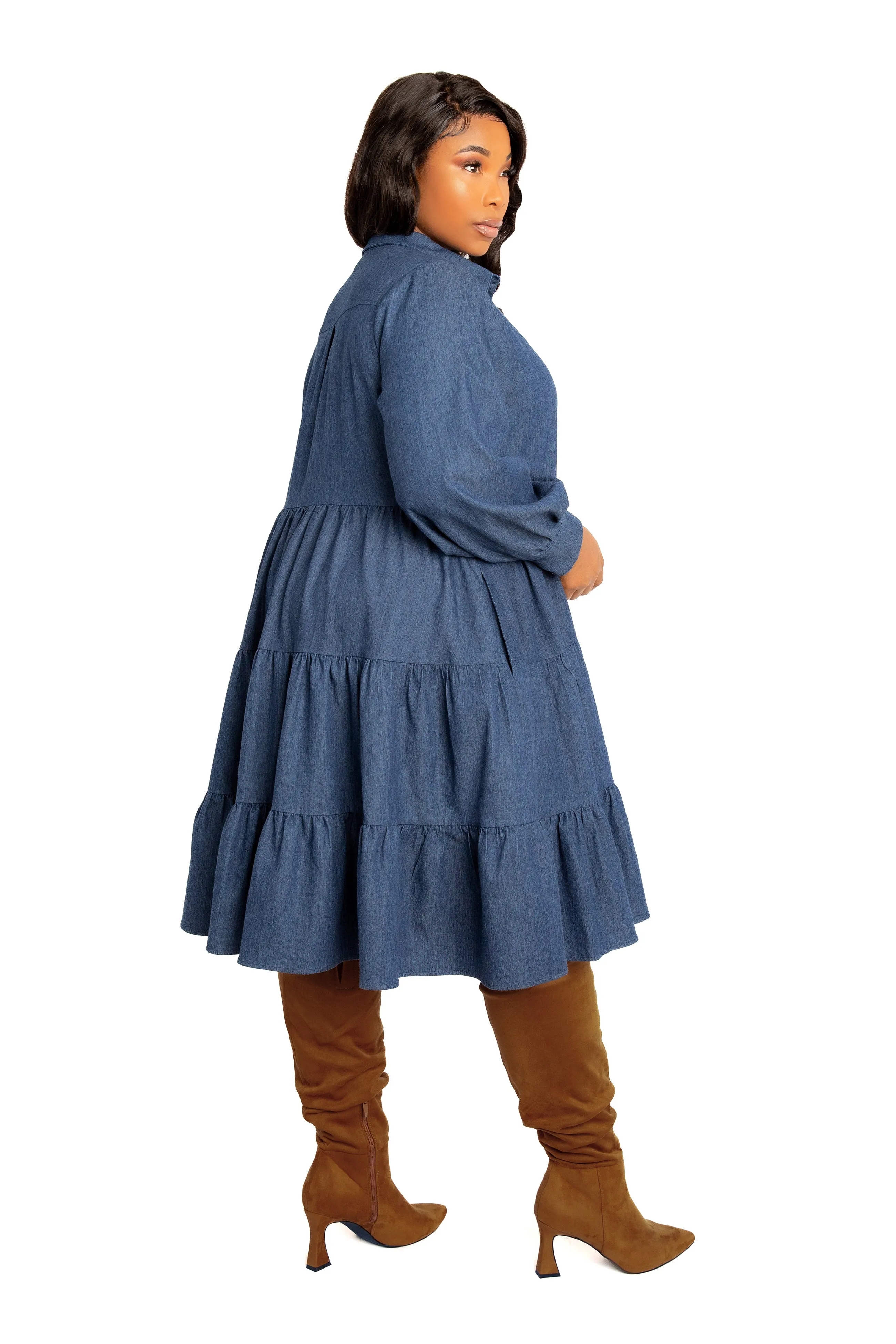 Denim Long Sleeve Tiered Shirt Dress sold by Buxom Couture product image thumbnail 2
