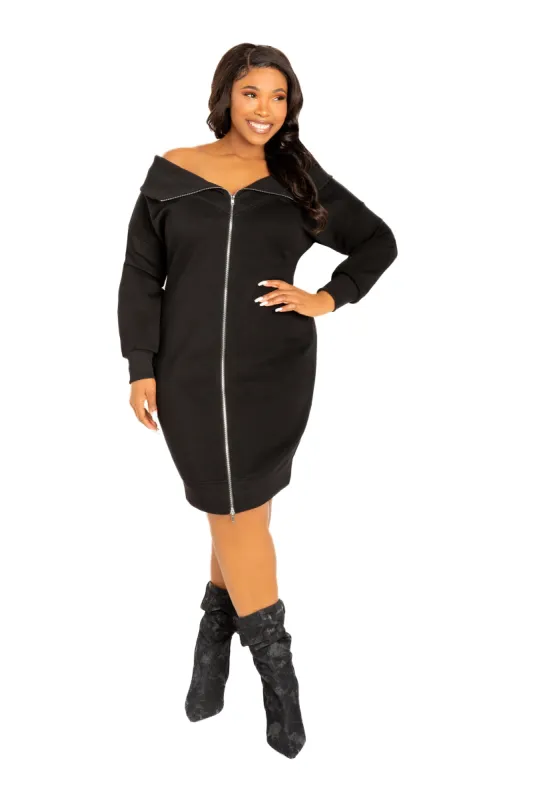 Off Shoulder Zip-up Sweater Dress sold by Buxom Couture