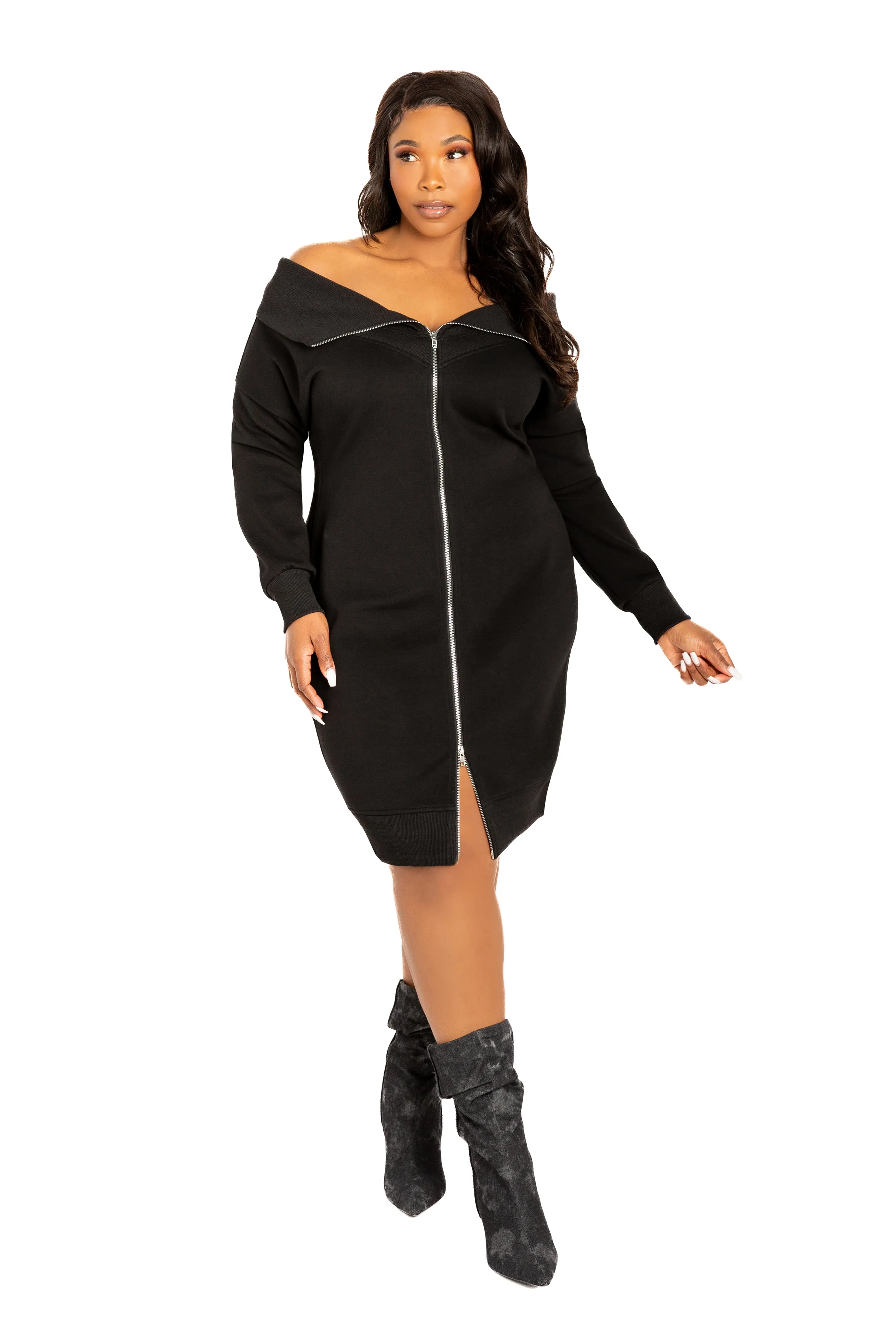 Off Shoulder Zip-up Sweater Dress sold by Buxom Couture product image thumbnail 2