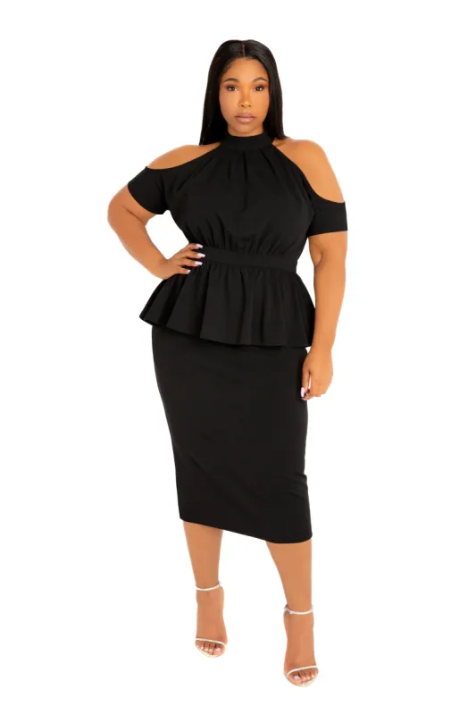 Cut-Out Shoulder Peplum Midi Dress sold by Buxom Couture