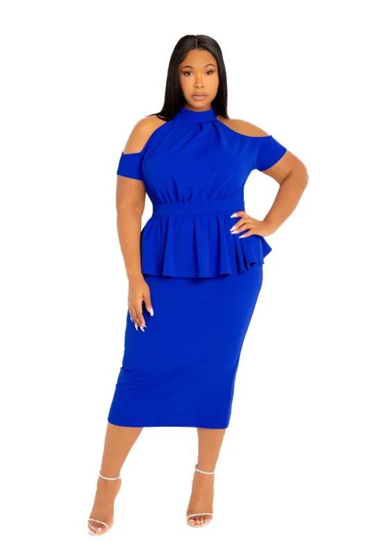 Cut-Out Shoulder Peplum Midi Dress sold by Buxom Couture