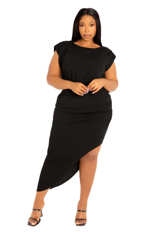 Sleeveless Asymmetrical Ruched Dress sold by Buxom Couture