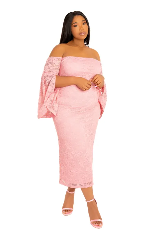 Off Shoulder Lace Midi Dress sold by Buxom Couture