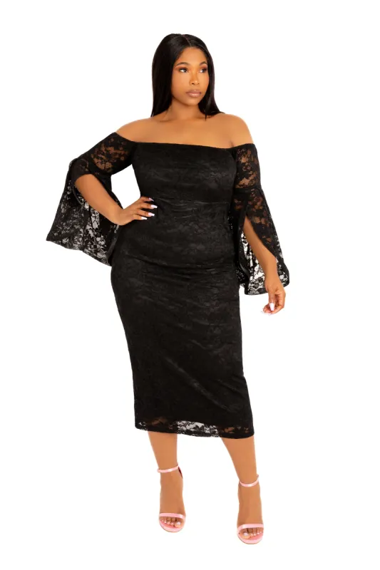Off Shoulder Lace Midi Dress sold by Buxom Couture