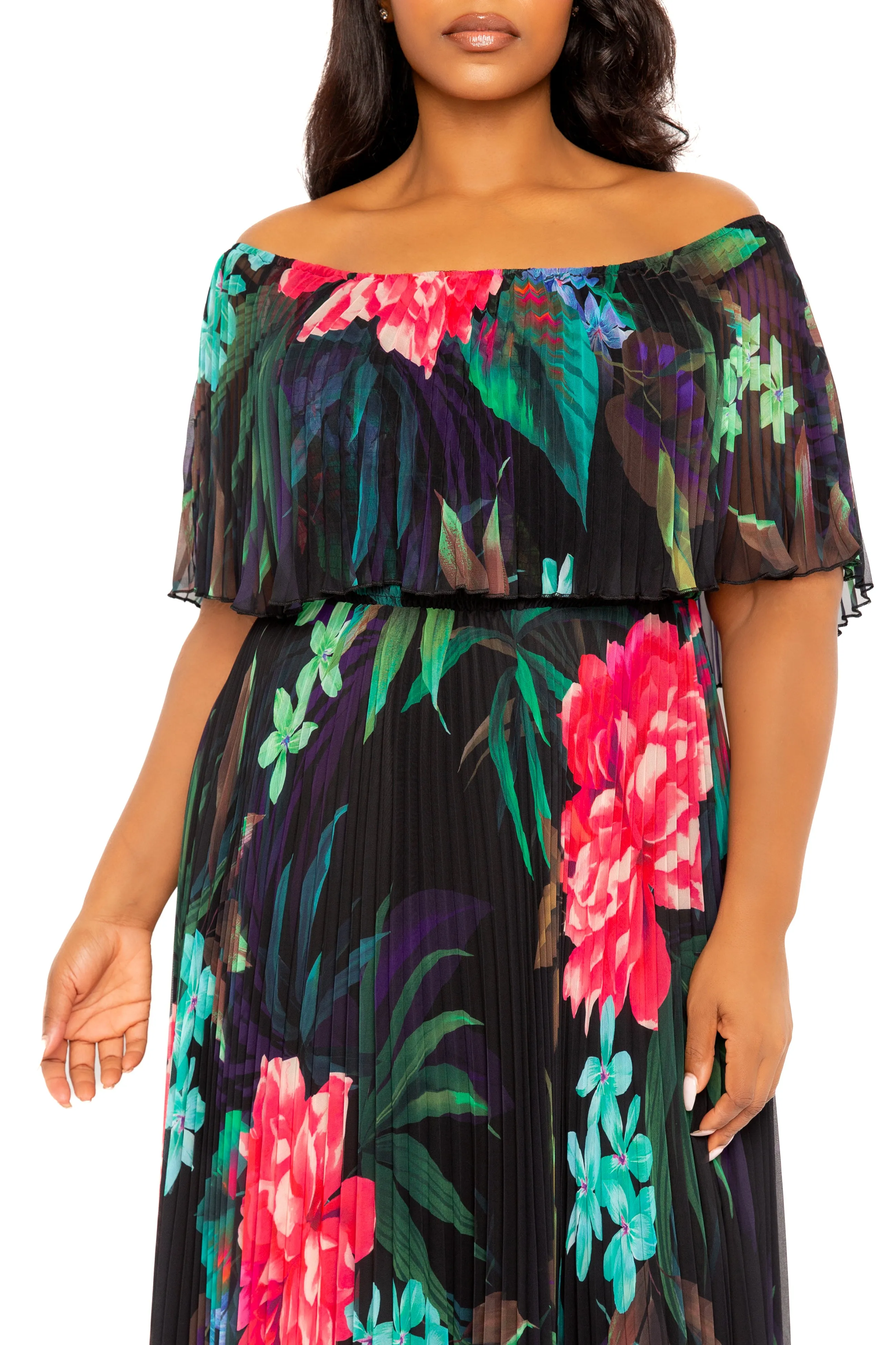 Floral Off Shoulder Pleated Maxi Dress sold by Buxom Couture product image thumbnail 4