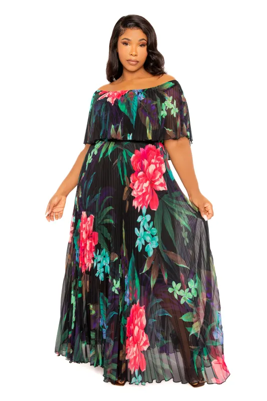 Floral Off Shoulder Pleated Maxi Dress sold by Buxom Couture