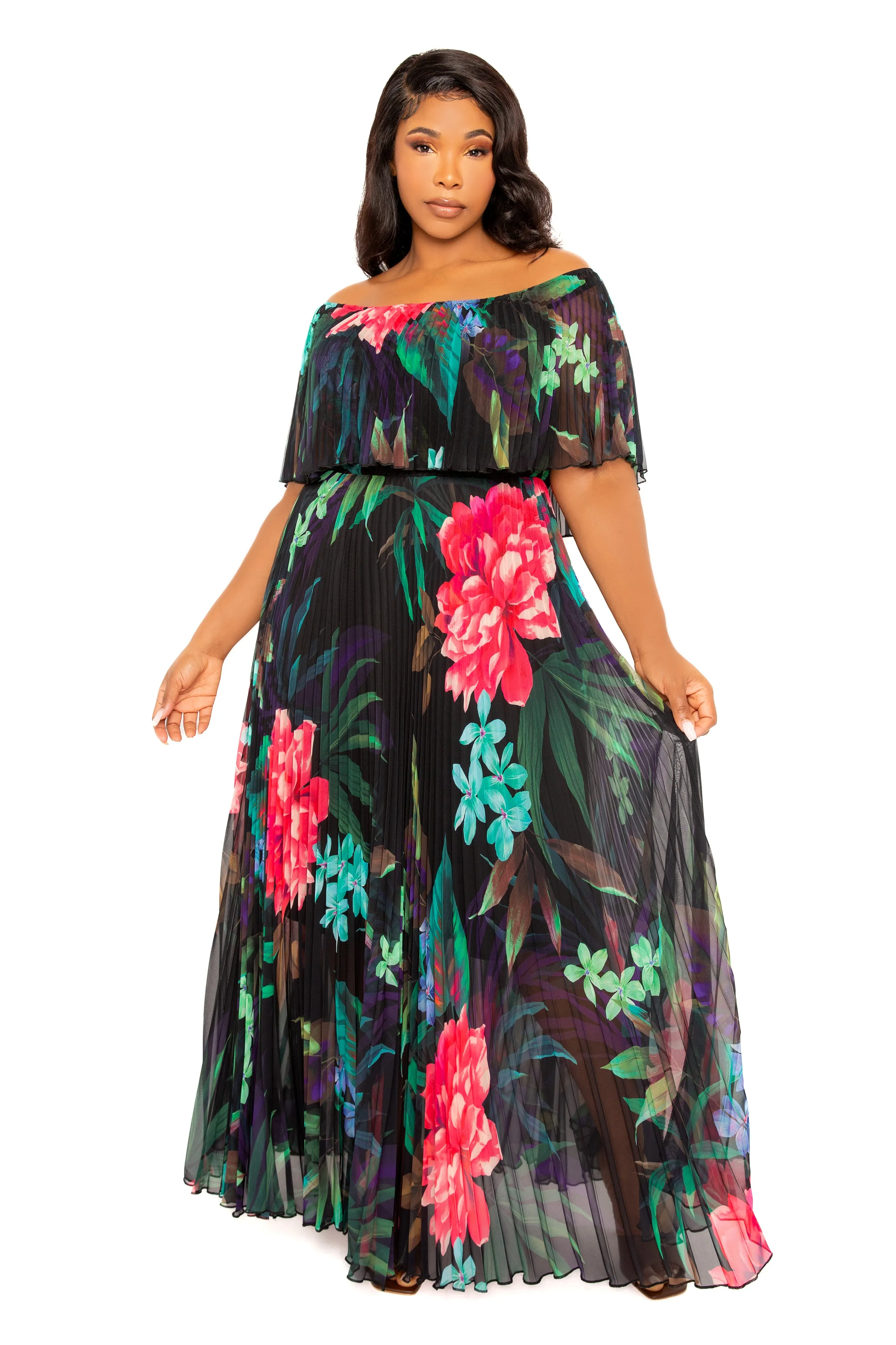 Floral Off Shoulder Pleated Maxi Dress sold by Buxom Couture