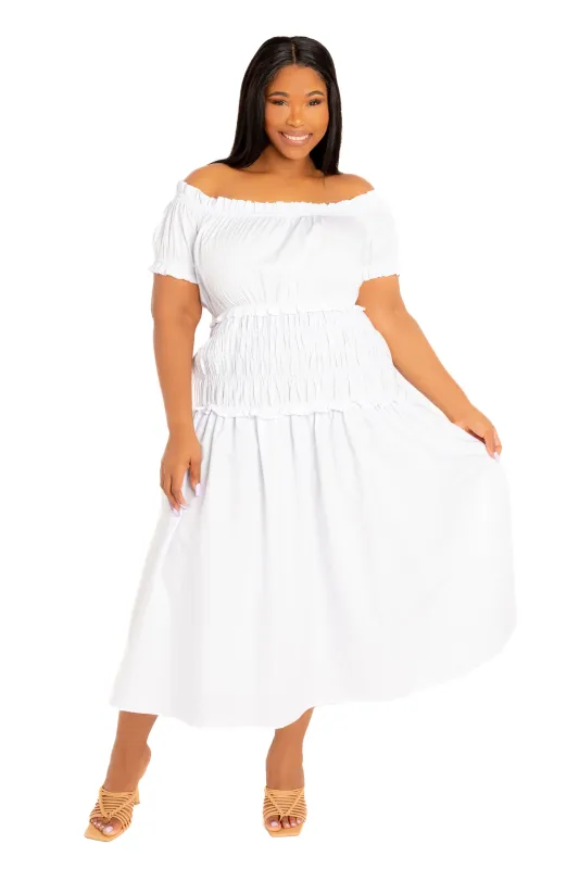 Off Shoulder Smocked Midi Dress sold by Buxom Couture