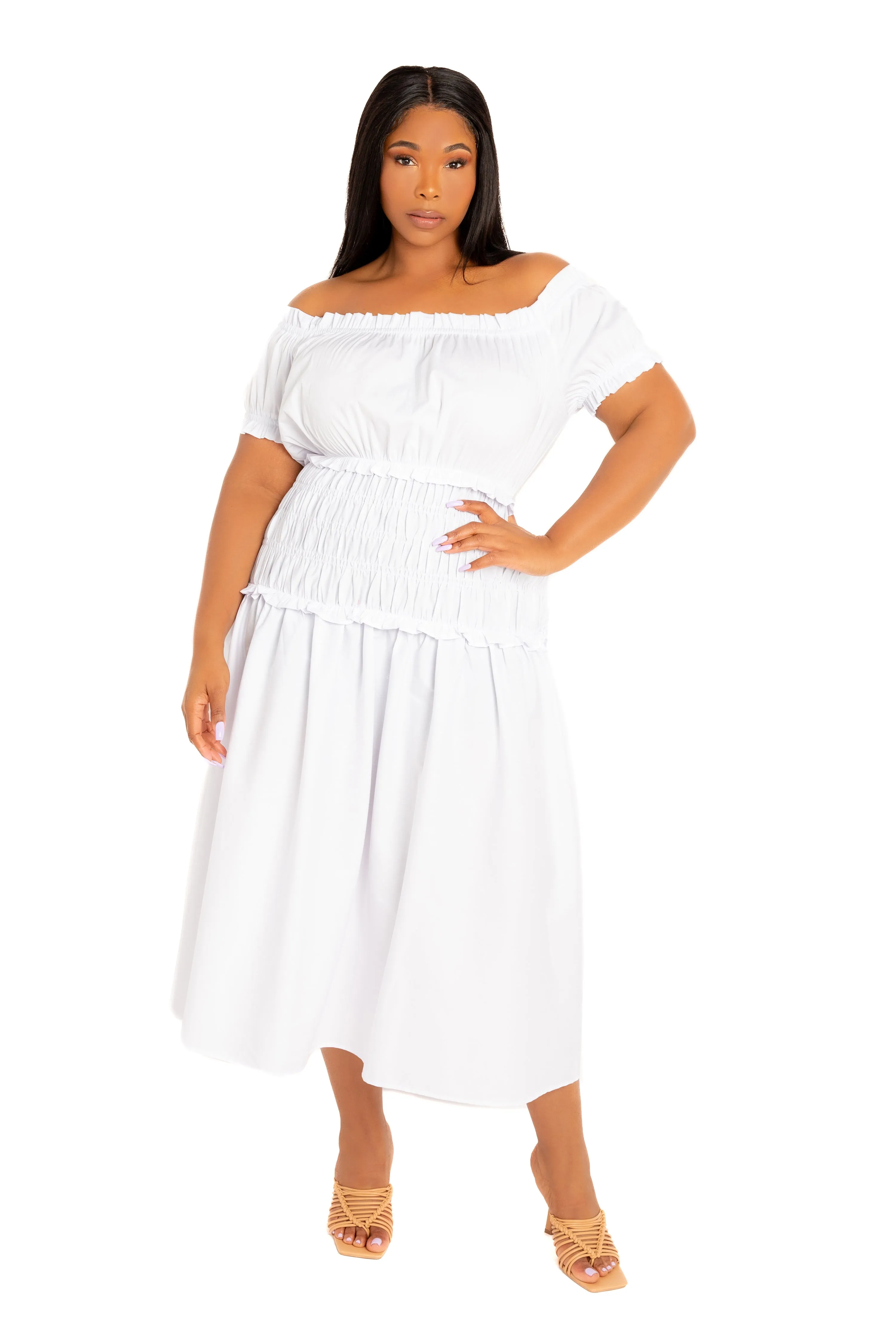 Off Shoulder Smocked Midi Dress sold by Buxom Couture product image thumbnail 5