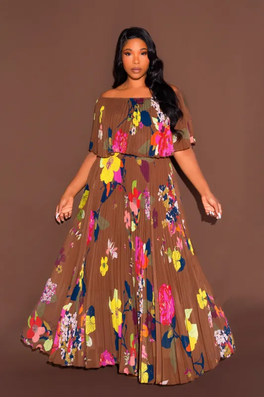 Floral Off Shoulder Pleated Maxi Dress sold by Buxom Couture