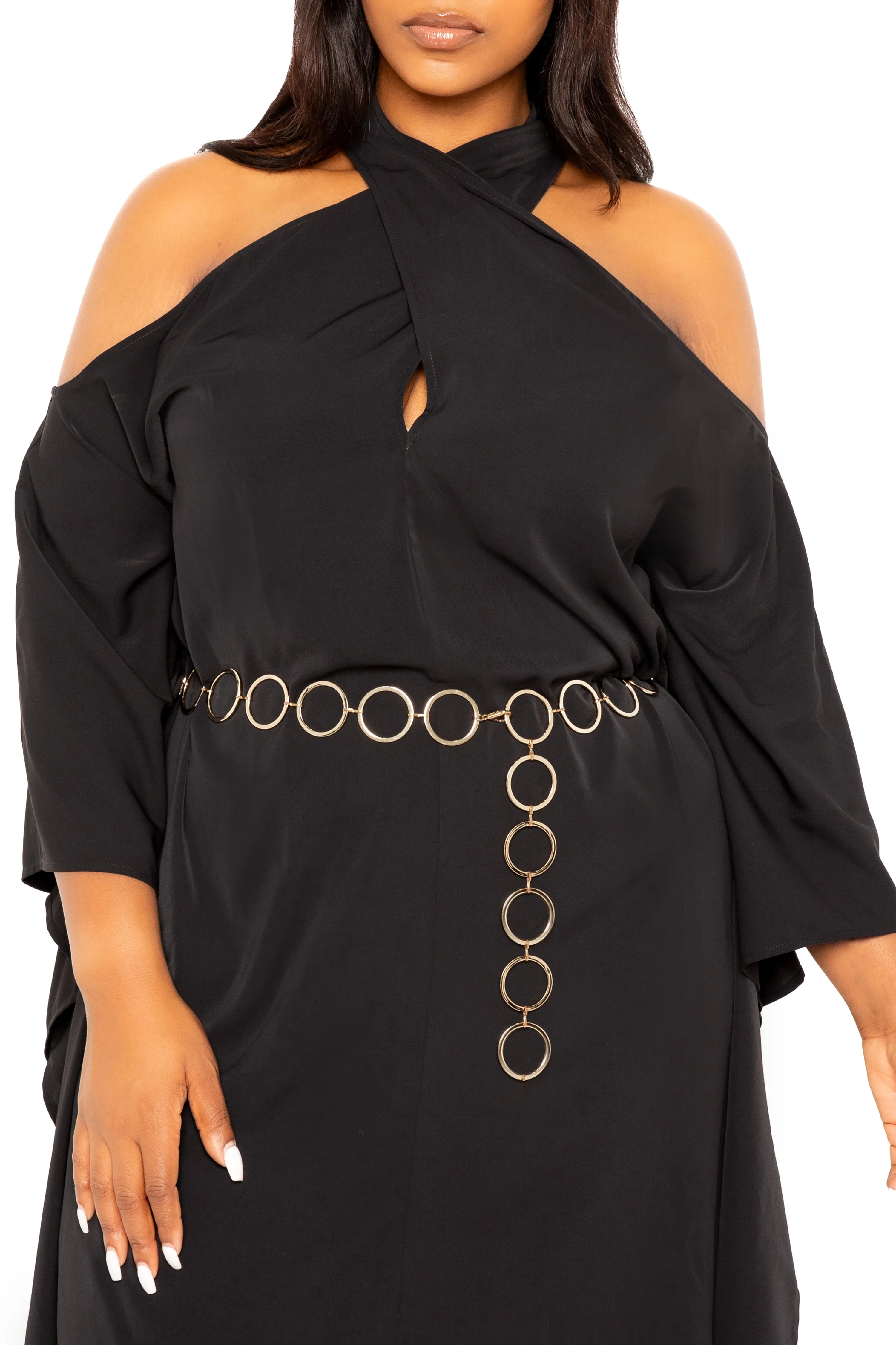 Cross Halter Neck Tunic Dress with Metal Belt sold by Buxom Couture product image thumbnail 5