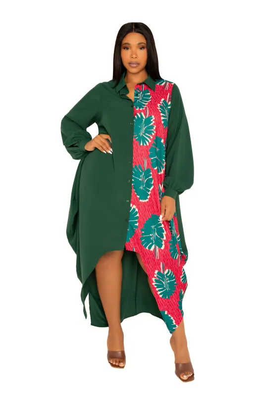 Contrast Print Drapy Shirt Maxi Dress made by Buxom Couture