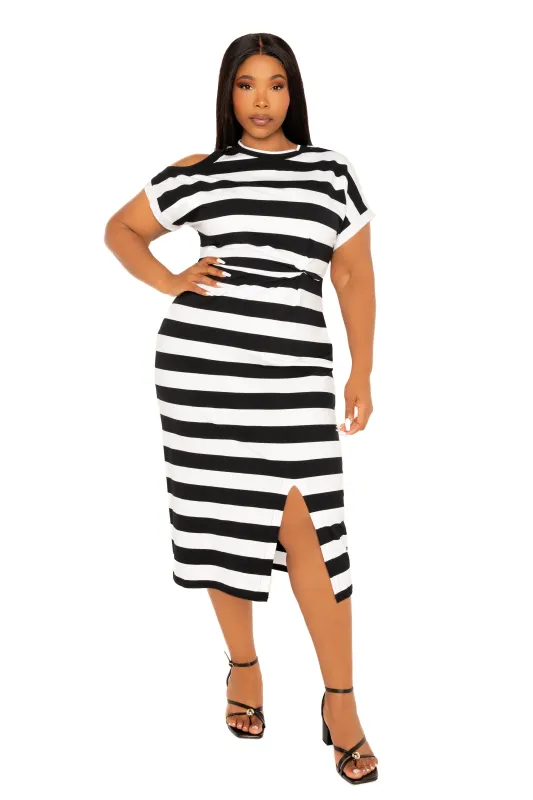 Cut Out Shoulder Stripe Jersey Dress sold by Buxom Couture