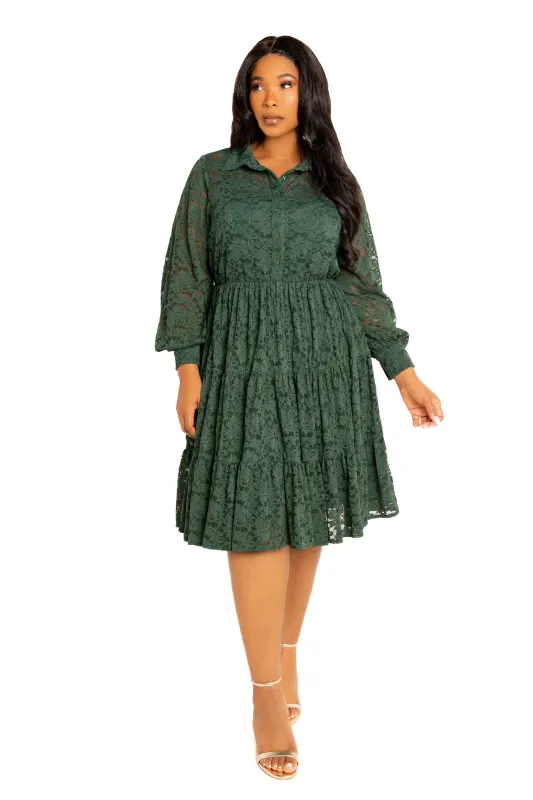 Lace Long Sleeve Tiered Shirt Dress made by Buxom Couture