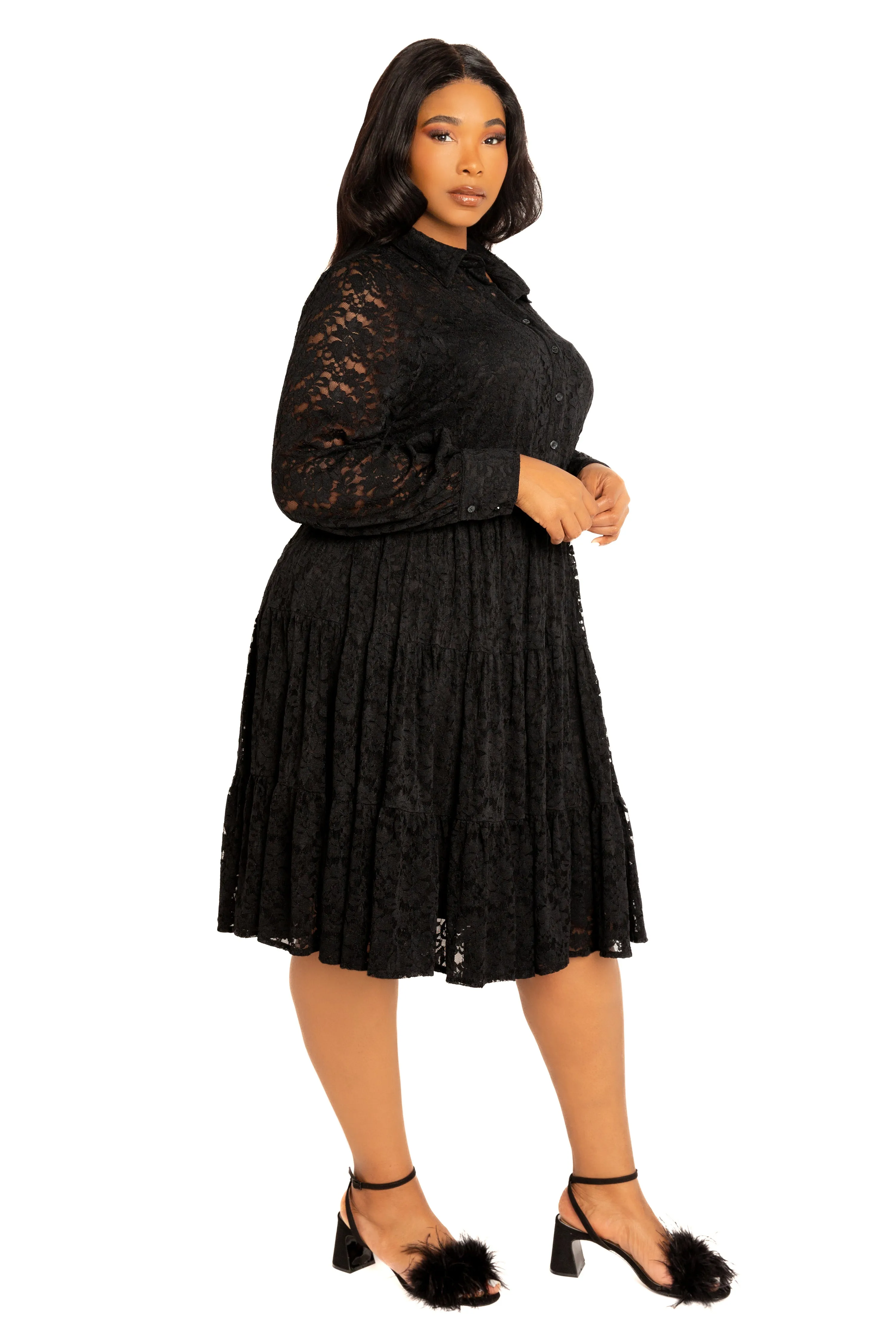 Lace Long Sleeve Tiered Shirt Dress sold by Buxom Couture product image thumbnail 3