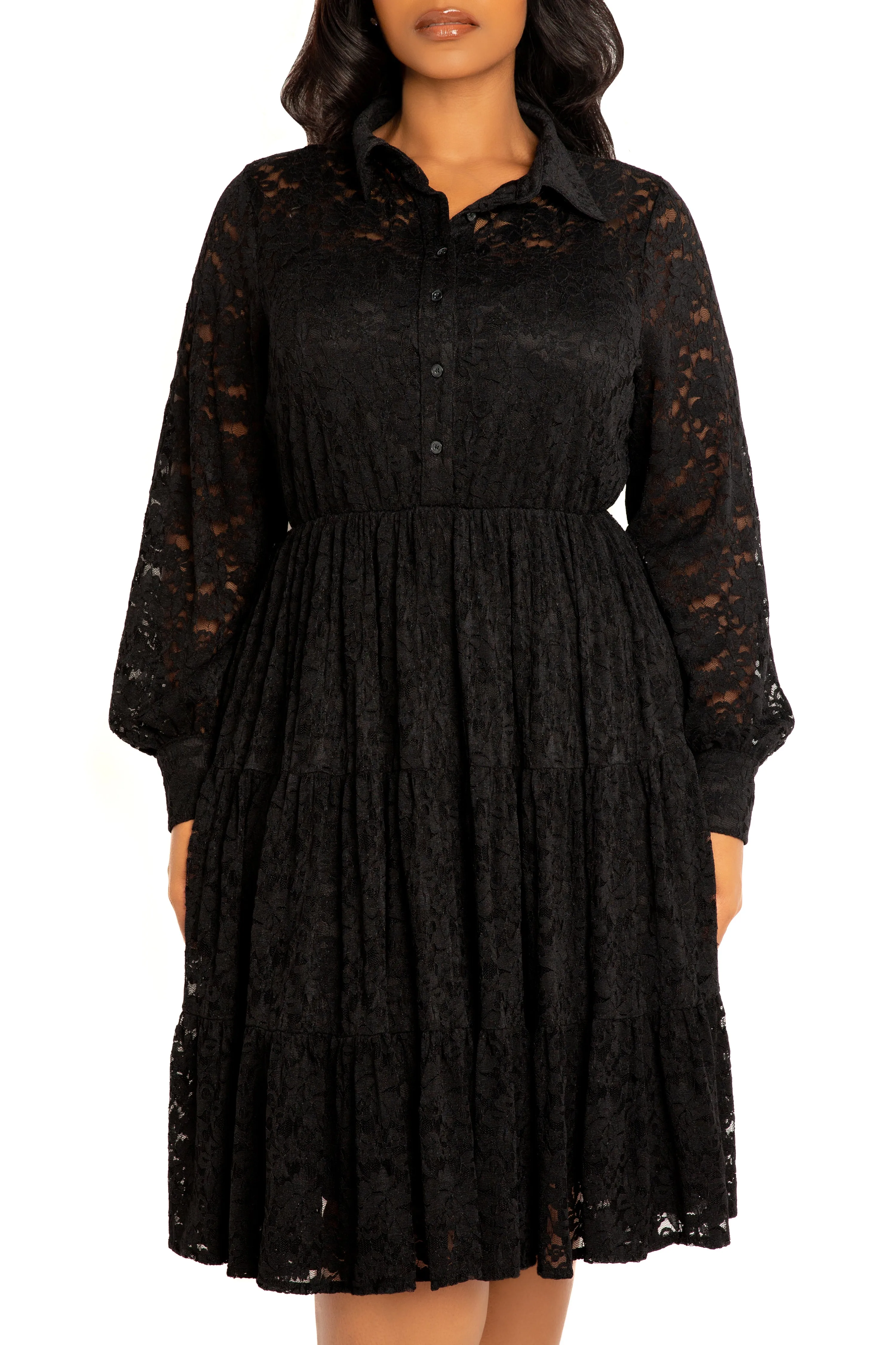 Lace Long Sleeve Tiered Shirt Dress sold by Buxom Couture product image thumbnail 4