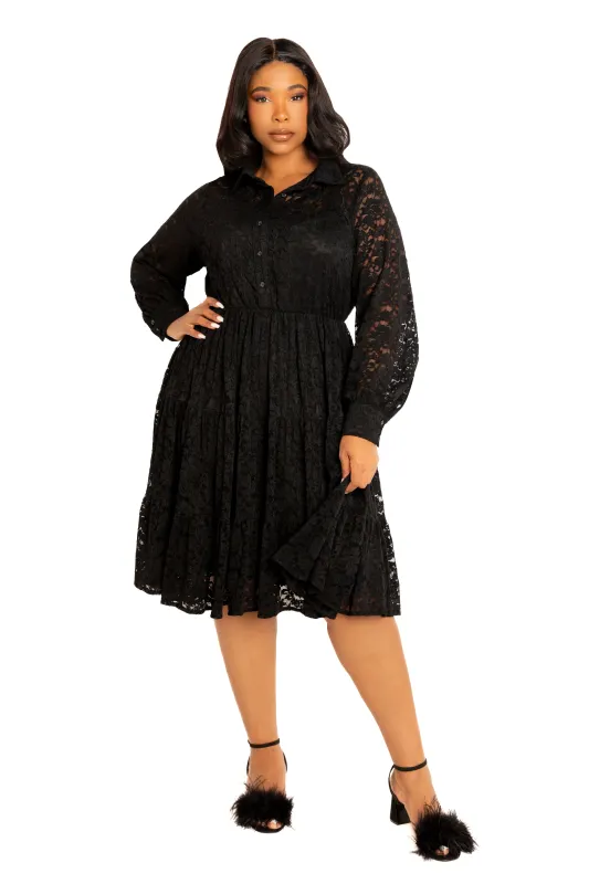 Lace Long Sleeve Tiered Shirt Dress made by Buxom Couture