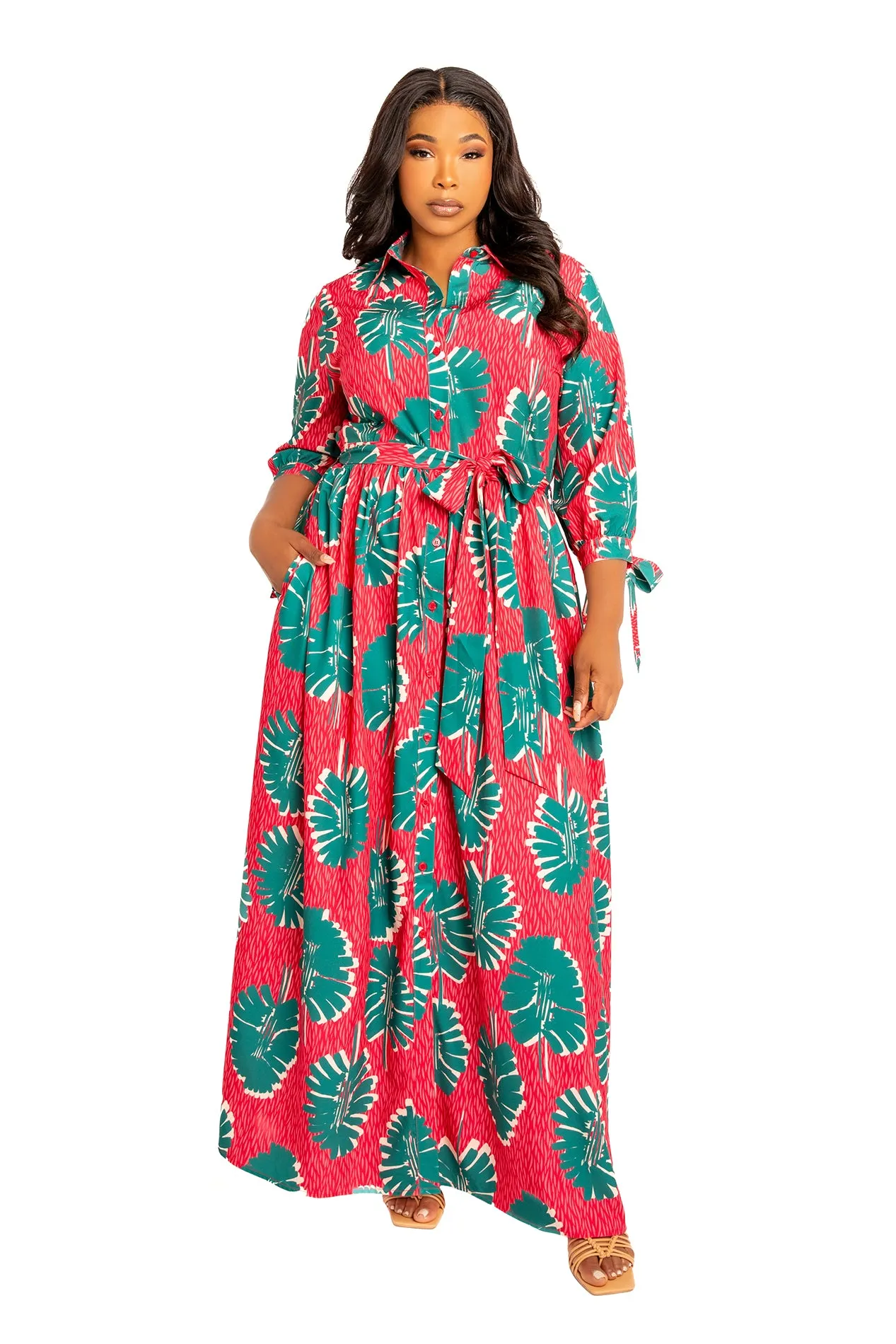 Print Maxi Shirtdress with Tie Sleeves sold by Buxom Couture