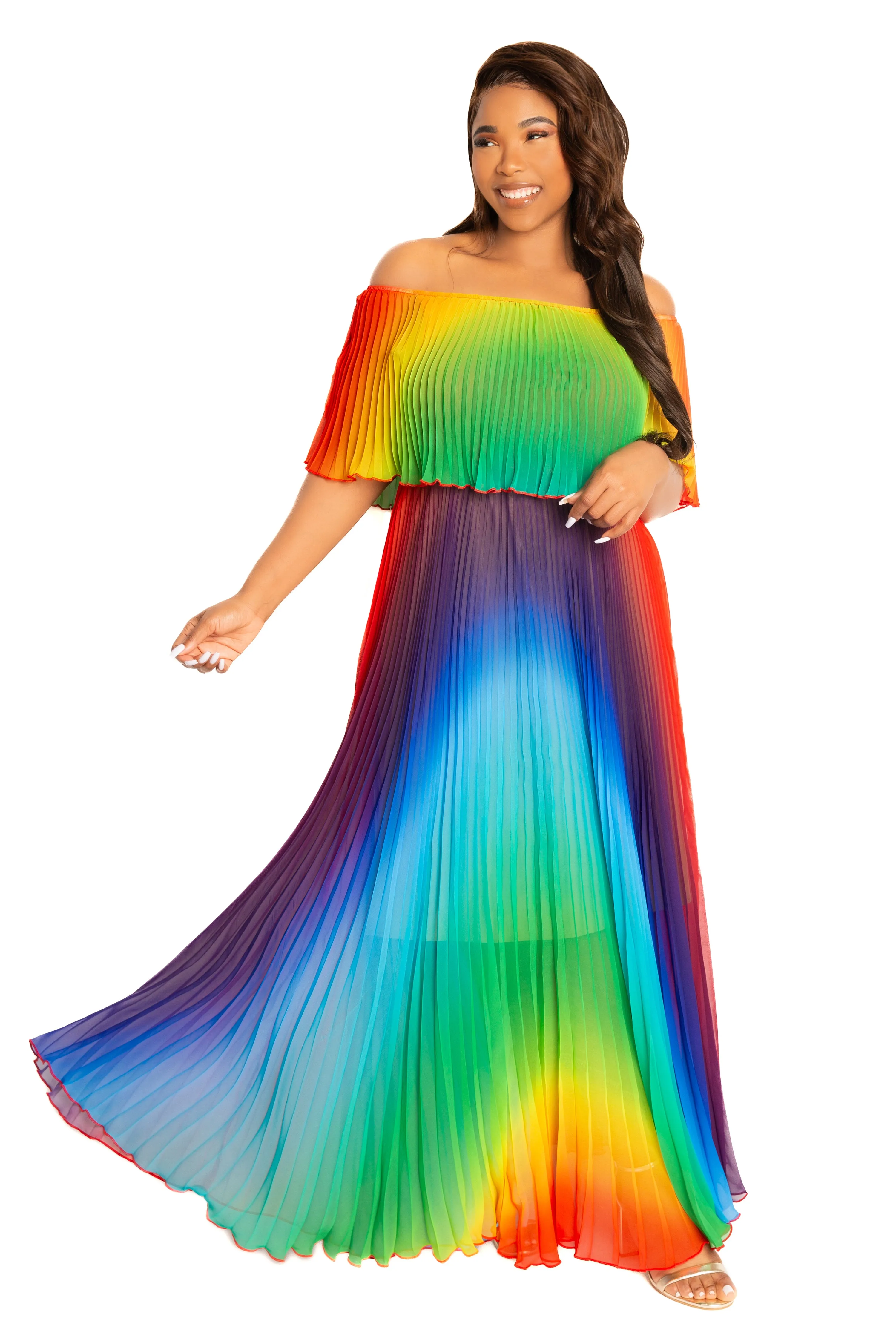 Ombré Off Shoulder Pleated Maxi Dress sold by Buxom Couture