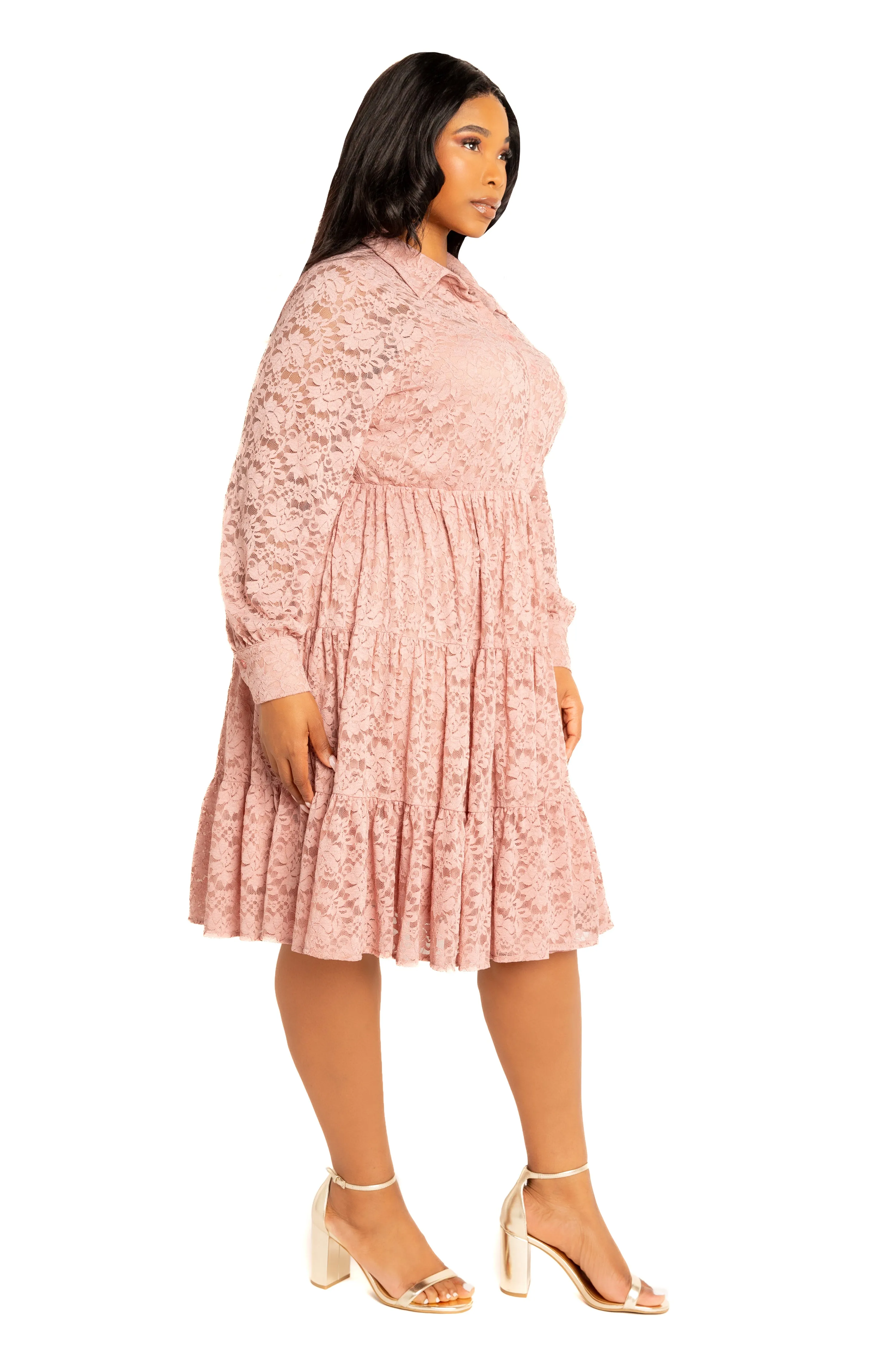 Lace Long Sleeve Tiered Shirt Dress sold by Buxom Couture product image thumbnail 3