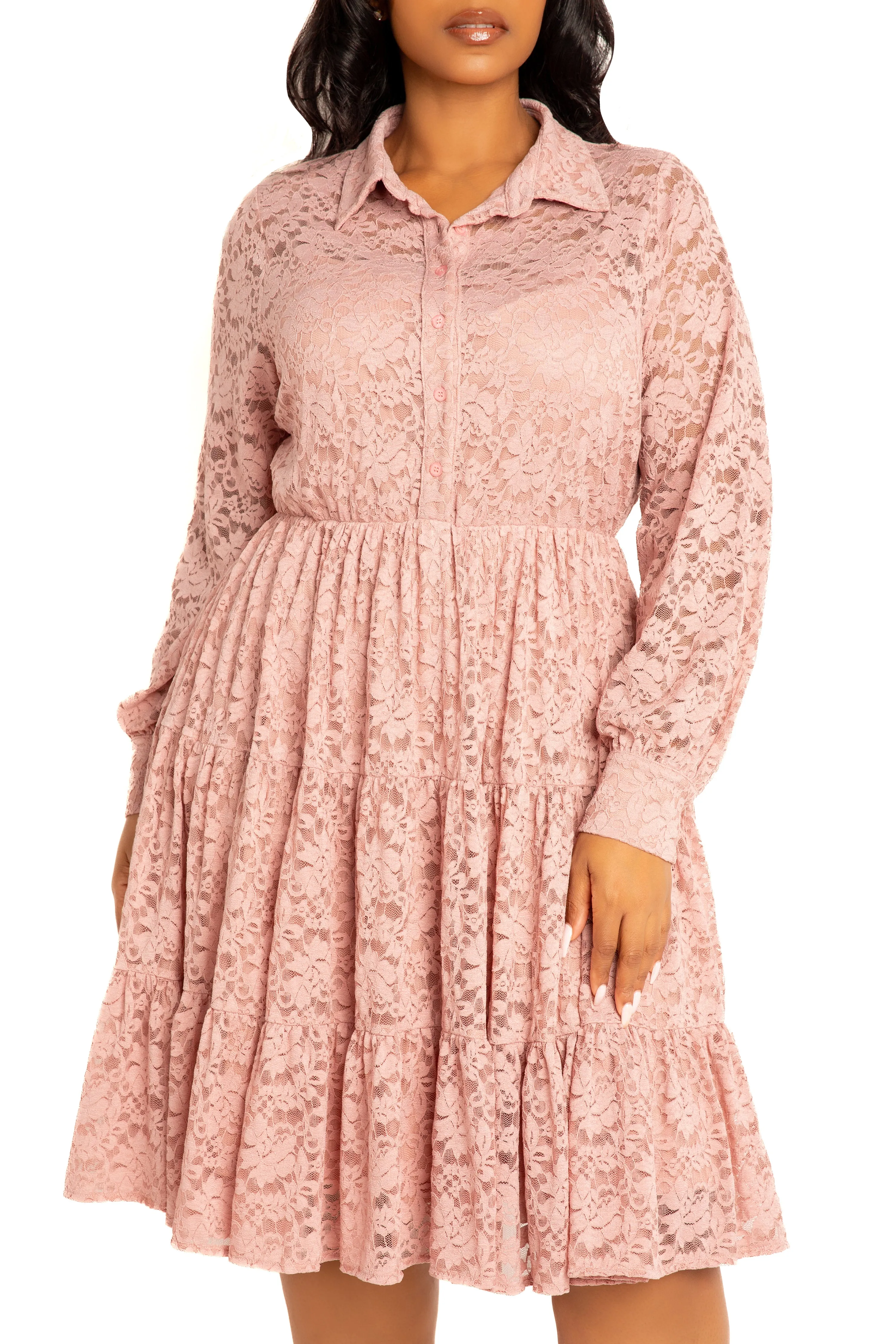 Lace Long Sleeve Tiered Shirt Dress sold by Buxom Couture product image thumbnail 4