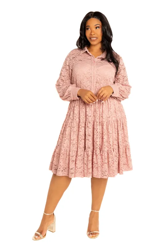 Lace Long Sleeve Tiered Shirt Dress made by Buxom Couture
