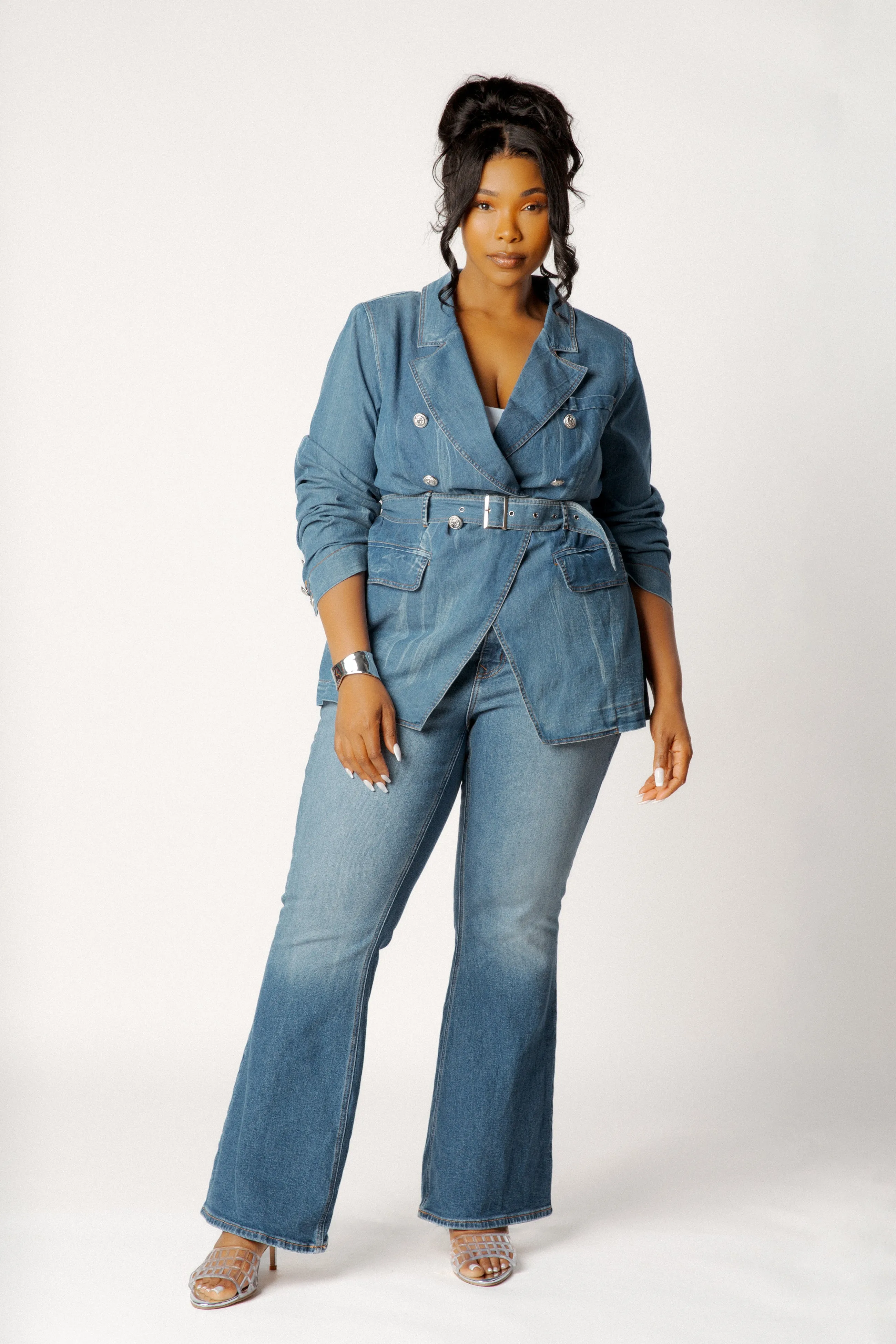 Belted Denim Blazer sold by Buxom Couture