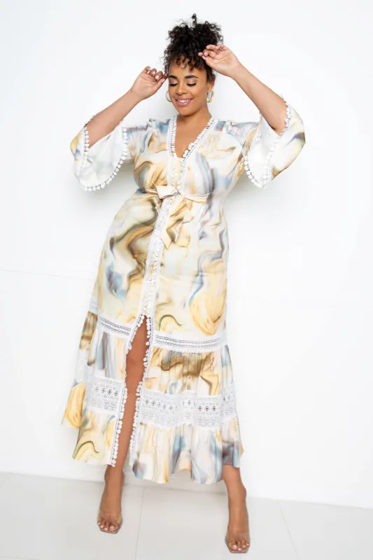 Long Print Dress with Lace Insert sold by Buxom Couture